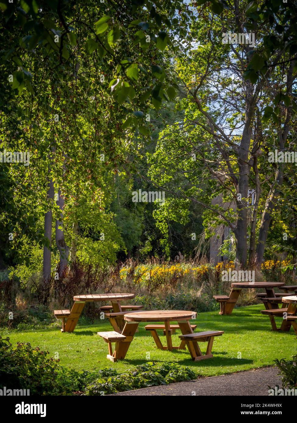 Runde Picknicktische aus Holz in einem britischen Garten, im Sommer. Stockfoto