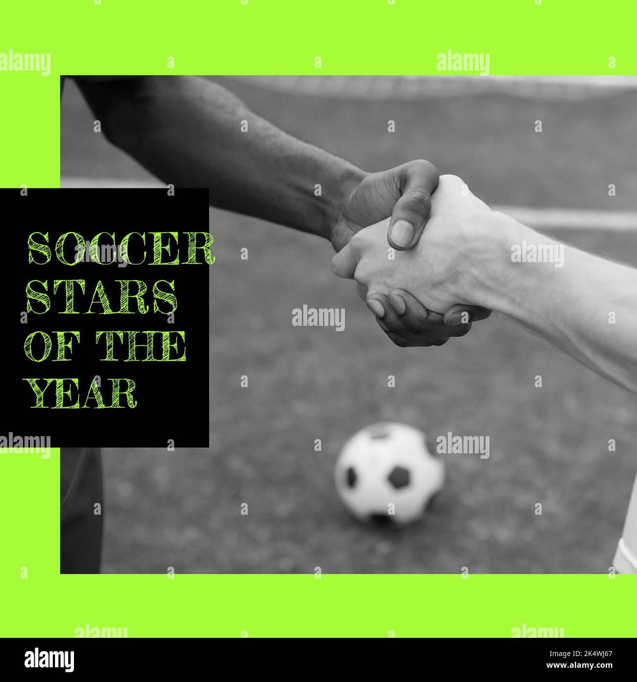 Zusammensetzung der Fußballstars des Jahres Text über schwarz-weiß Foto von Fußballer Handschlag Stockfoto