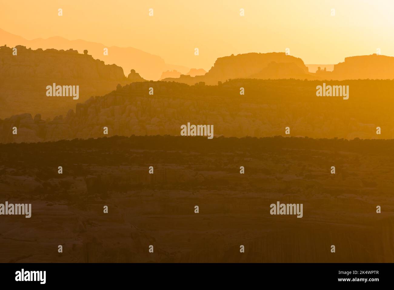 Blick auf den Sonnenuntergang auf den Needles District von Canyonlands NP vom Big Pocket Overlook am Cathedral Point. Utah. Stockfoto