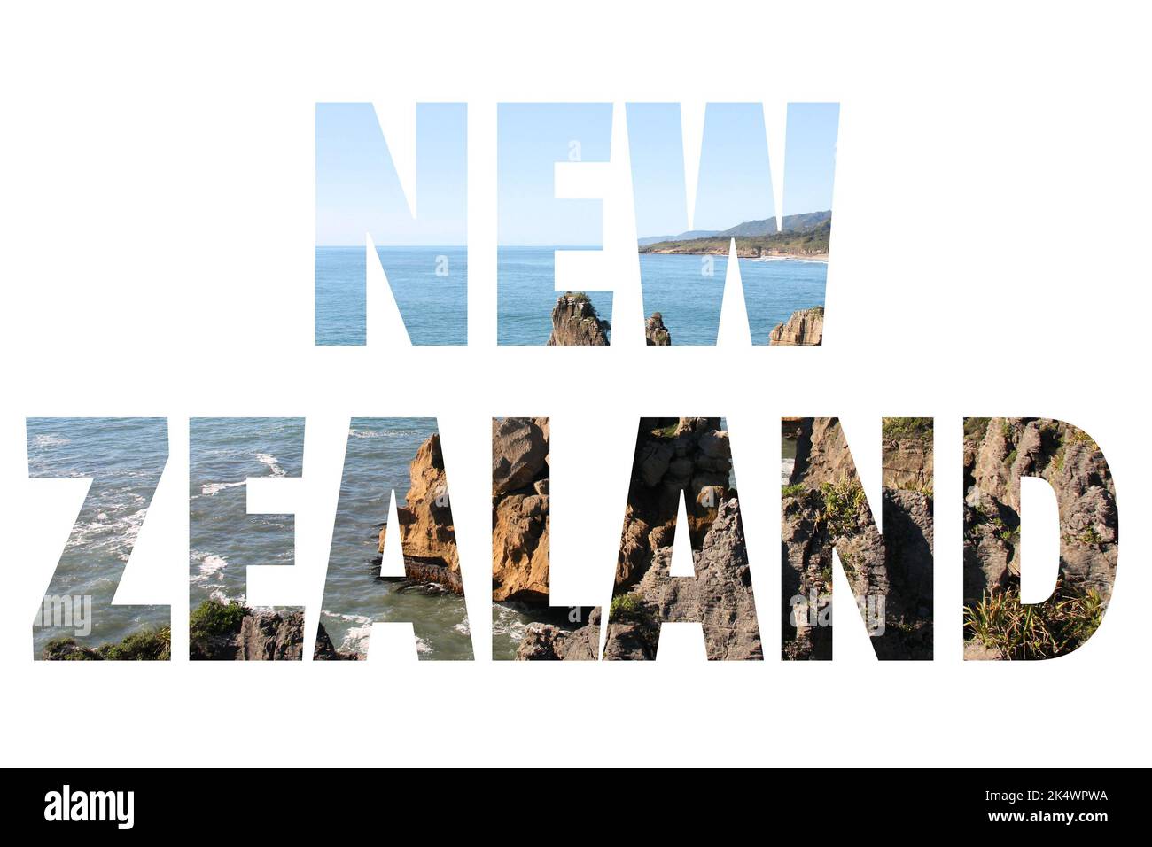 Neuseeland - Ländername mit Foto im Hintergrund. Isoliert auf weiß. Stockfoto