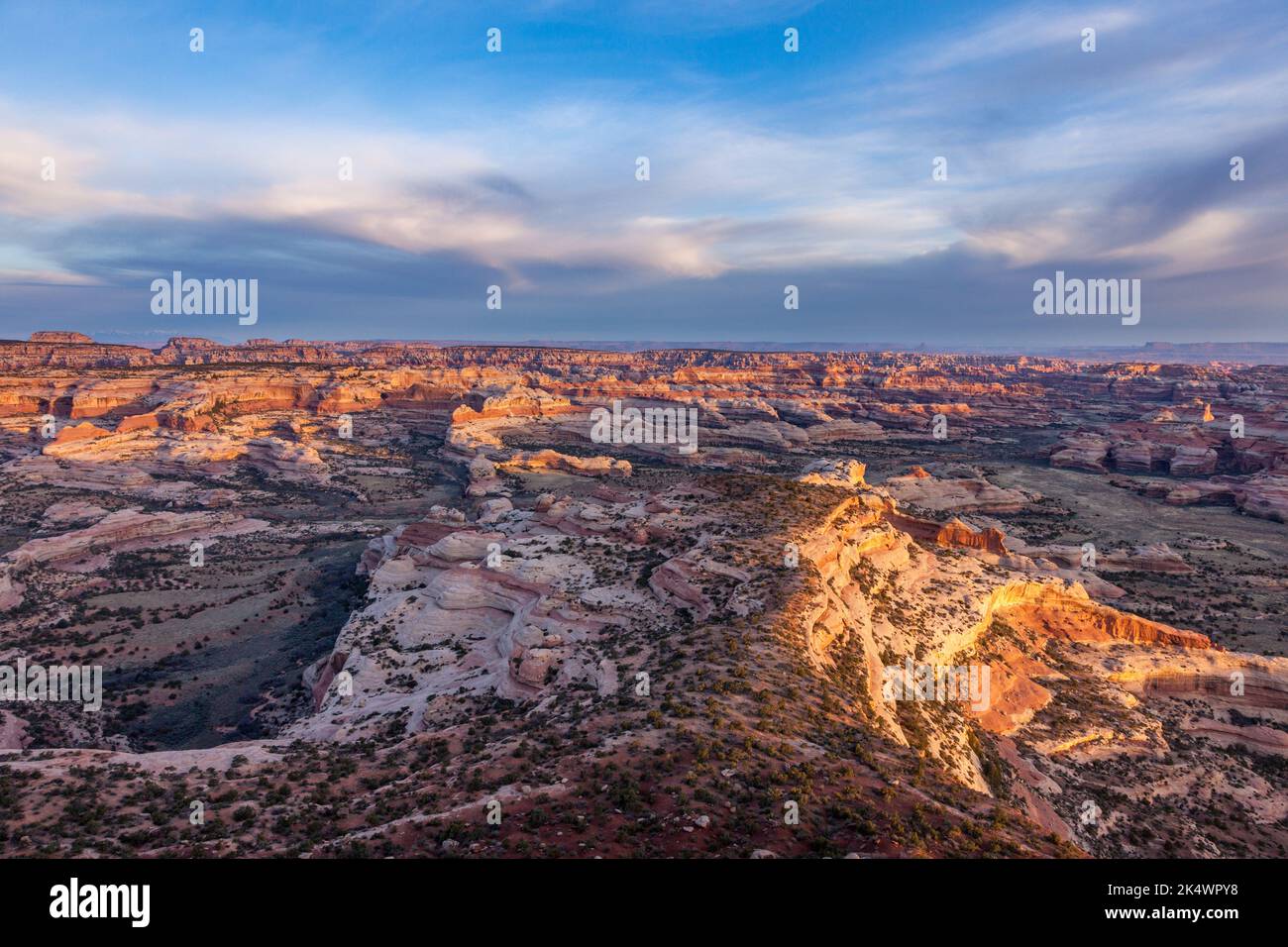 Blick auf den Needles District von Canyonlands NP bei Sonnenaufgang vom Big Pocket Overlook auf Cathedral Point. Utah. Henry Mountains auf der linken Seite. Stockfoto