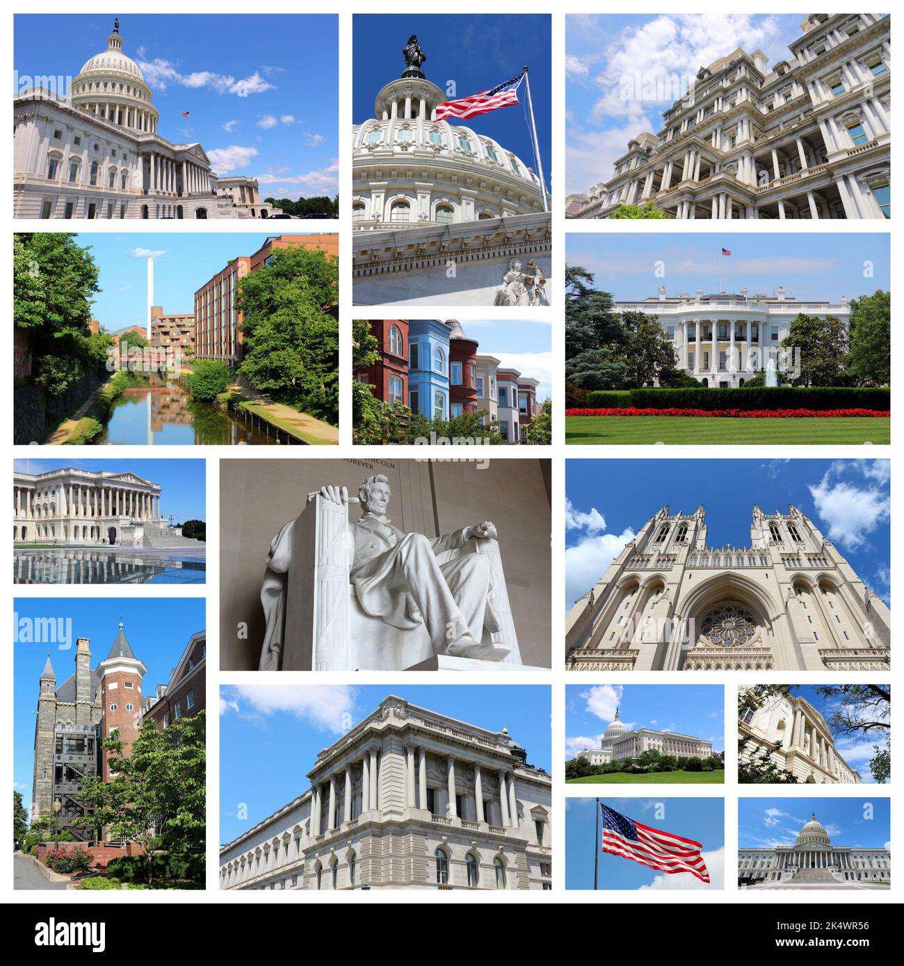 Fotocollage aus Washington DC, USA. Collage enthält wichtige Wahrzeichen wie das National Capitol, die Georgetown University und das Lincoln Memorial. Stockfoto