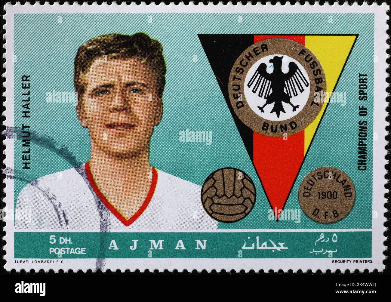 Deutscher Fußballspieler Helmut Haller auf alter Briefmarke Stockfoto
