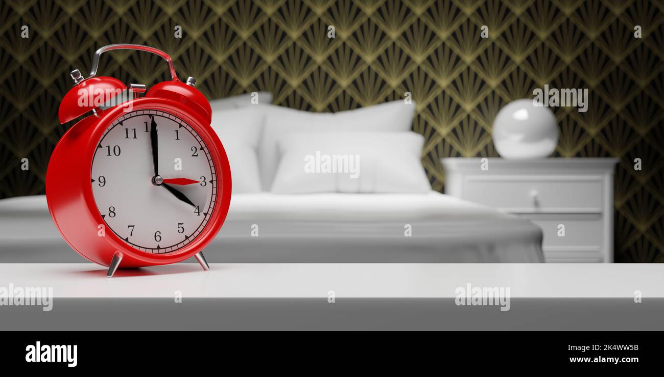 Rückfallzeit. Sommerzeit Ende. Roter Wecker, Wechsel nach einer Stunde, verwackelte Hintergrundkulisse im Schlafzimmer. 3D Rendern Stockfoto