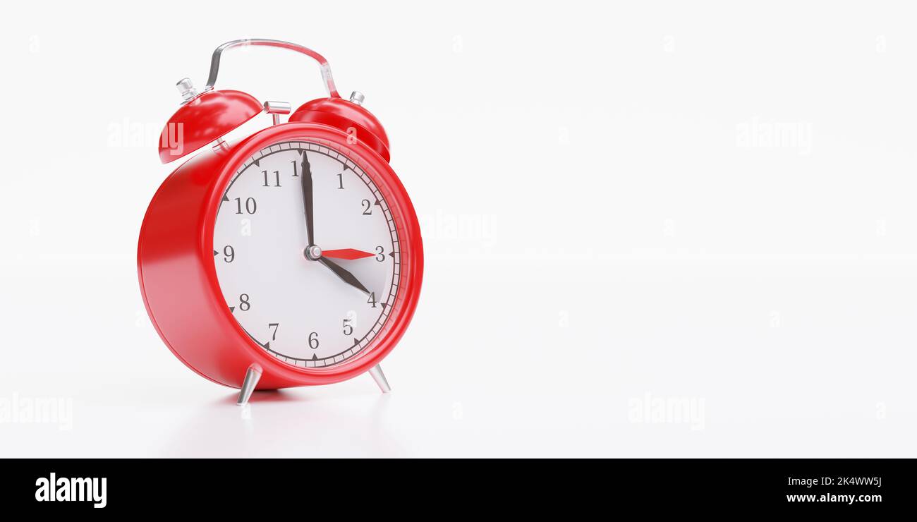 Rückfallzeit. Sommerzeit Ende. Roter Wecker, weiß isoliert, Wechsel nach einer Stunde. 3D Rendern Stockfoto