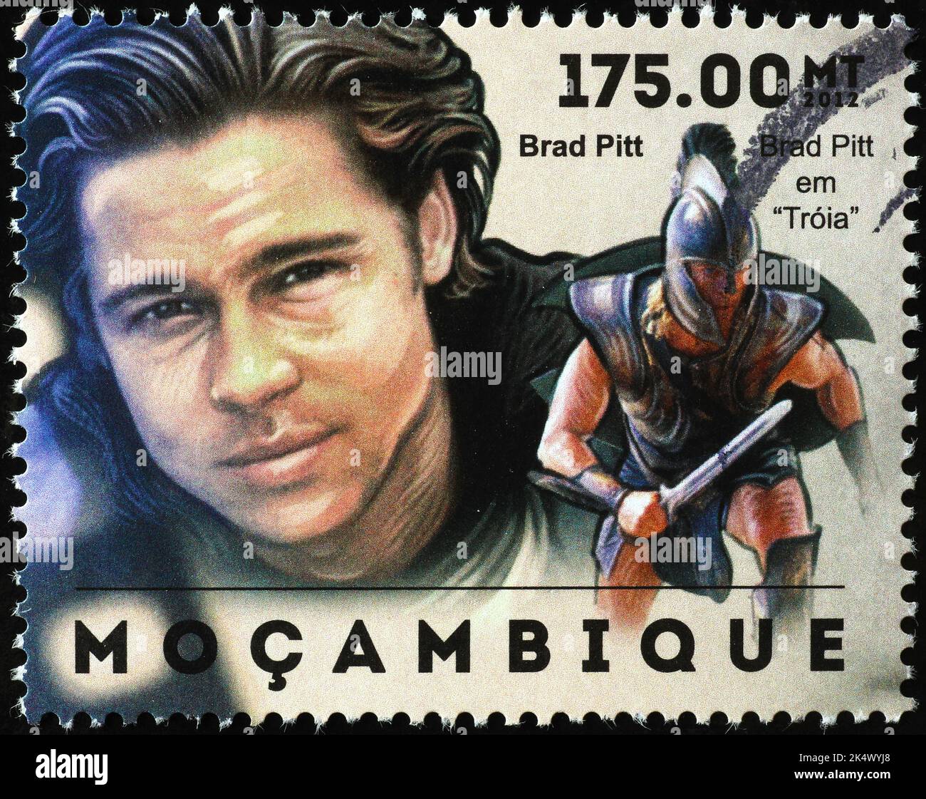 Porträt von Brad Pitt auf Briefmarke von Mosambik Stockfoto