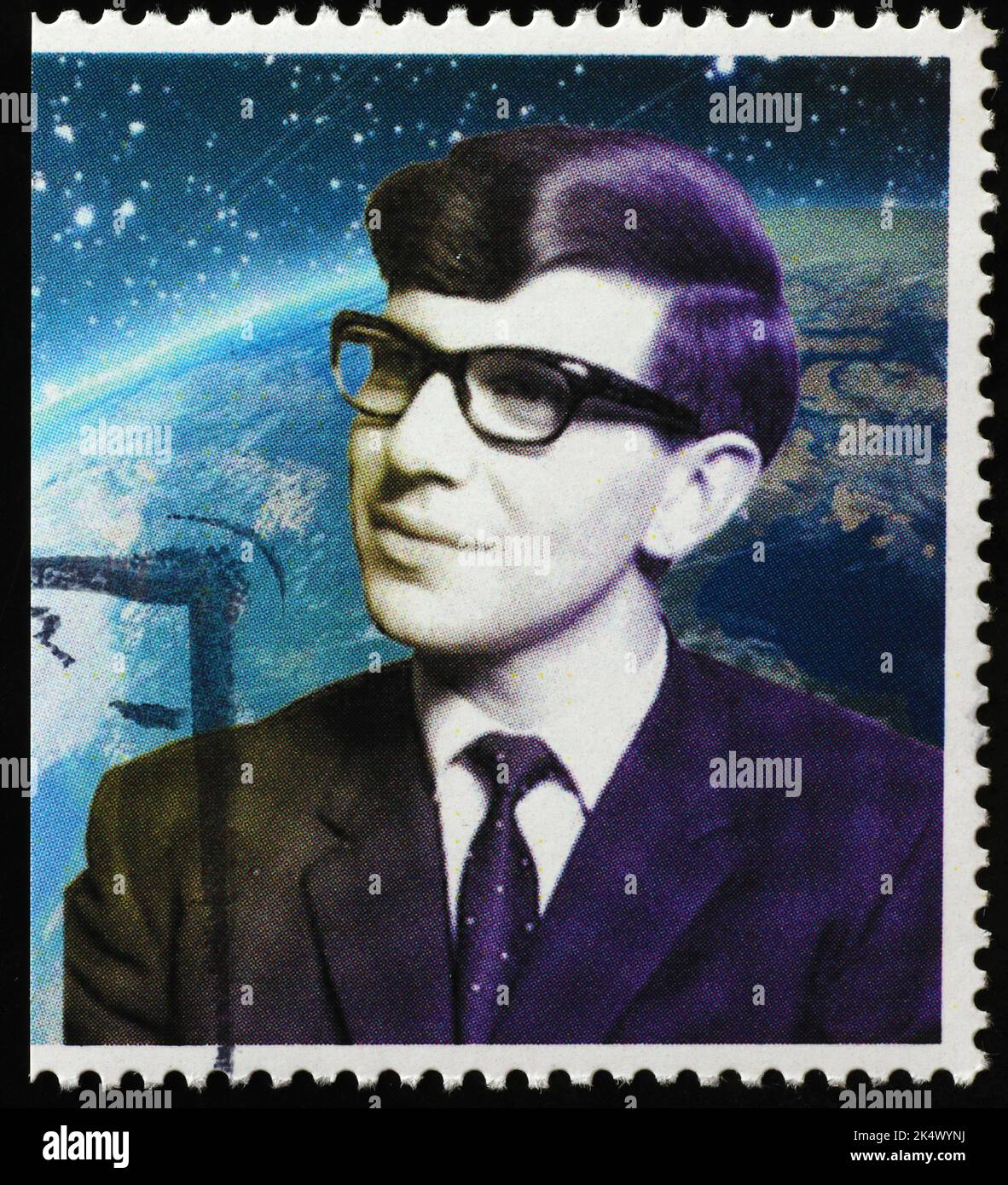 Porträt des jungen Stephen Hawking vor der Krankheit auf Briefmarke Stockfoto