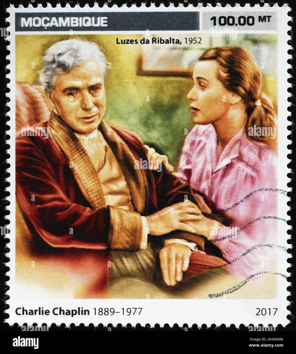 Szene aus dem Rampenlicht von Chalie Chaplin auf Briefmarke Stockfoto
