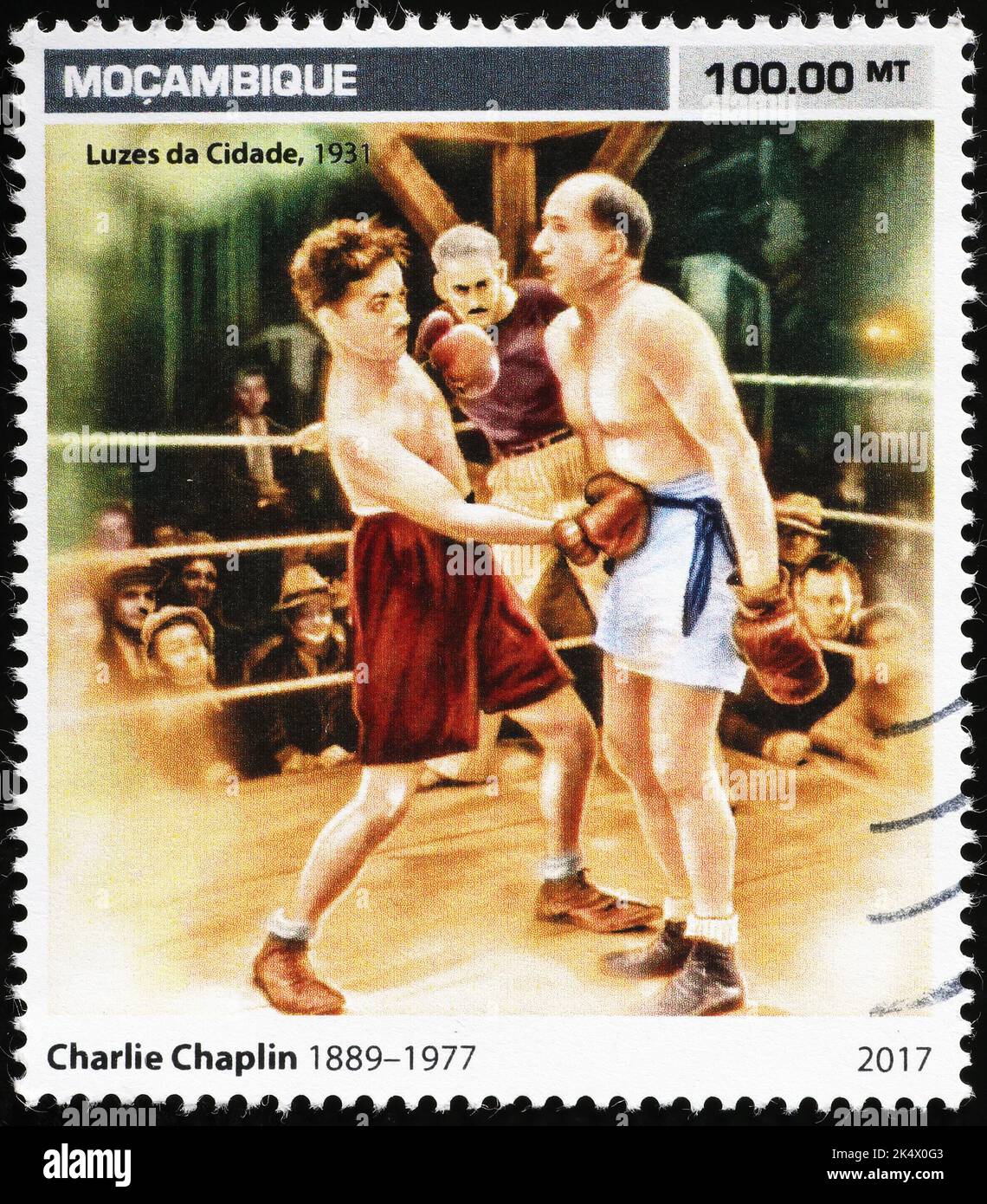 Szene aus Citylights von Chalie Chaplin auf Briefmarke Stockfoto