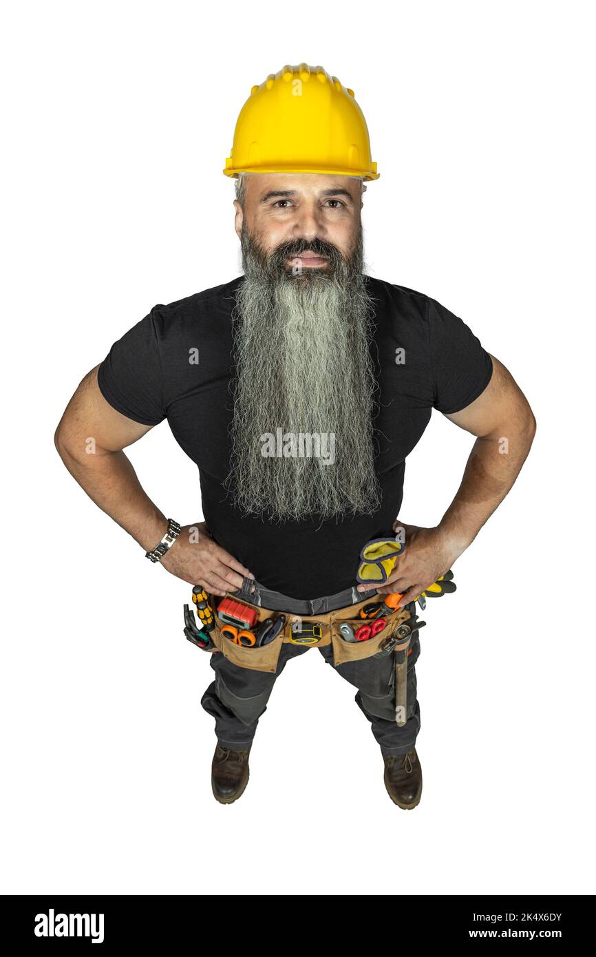 Handwerker mit langem Bart isoliert auf weißem Hintergrund und Armen an den Hüften Stockfoto