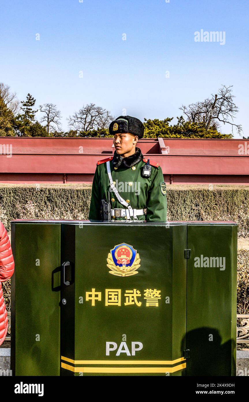 24.02.2019 Peking China - Sodierwache die Verbotene Stadt ist der chinesische Kaiserpalast aus der Ming-Dynastie. Stockfoto