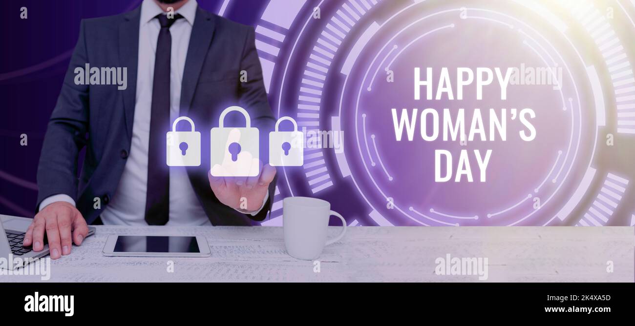 Textunterschrift mit dem Happy Woman S Day. Geschäftsübersicht, um der Essenz jeder Dame auf der ganzen Welt zu gedenken Stockfoto