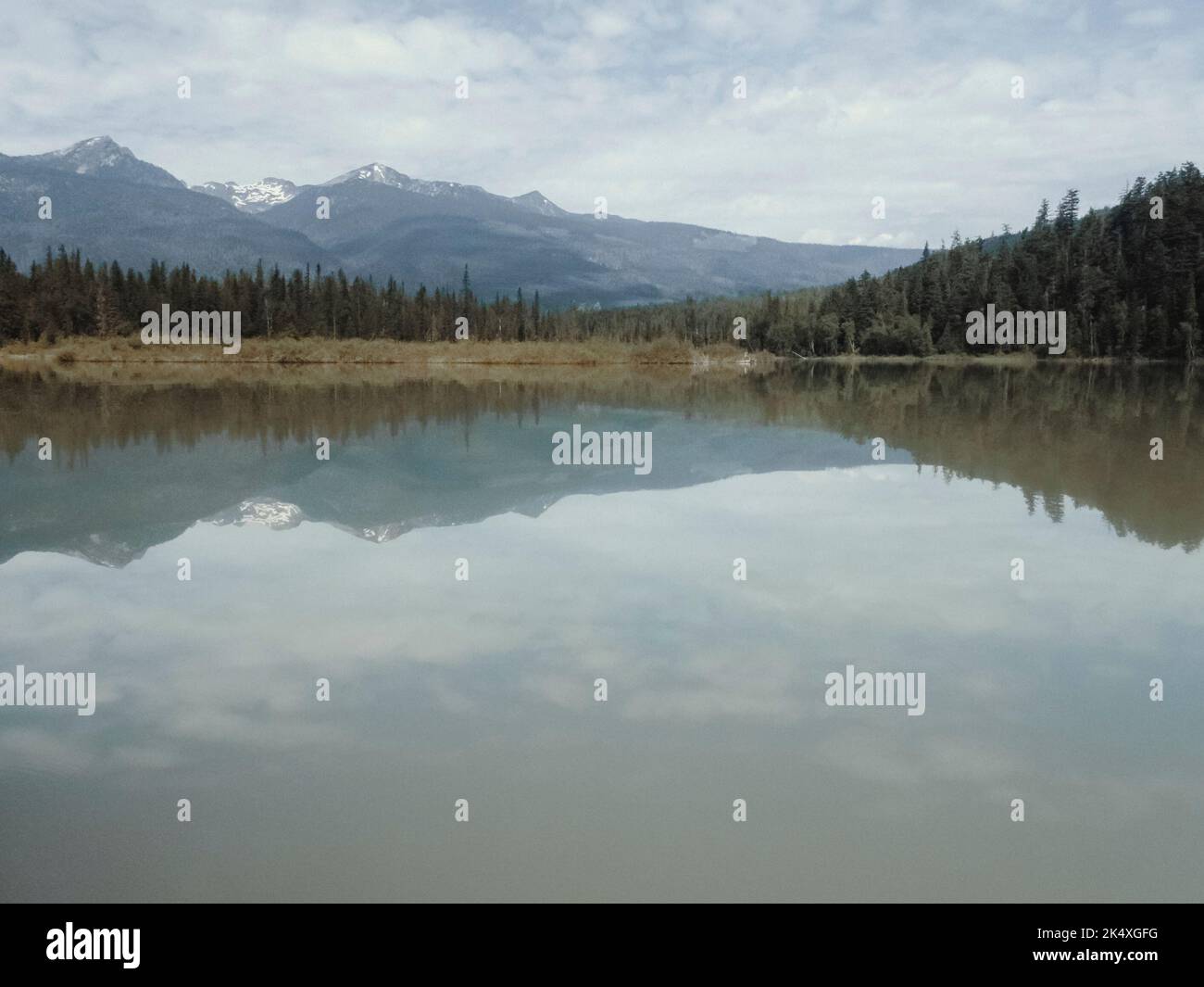 Reflexionen über das ruhige Wasser des Mud Lake im Blue River Canada Stockfoto