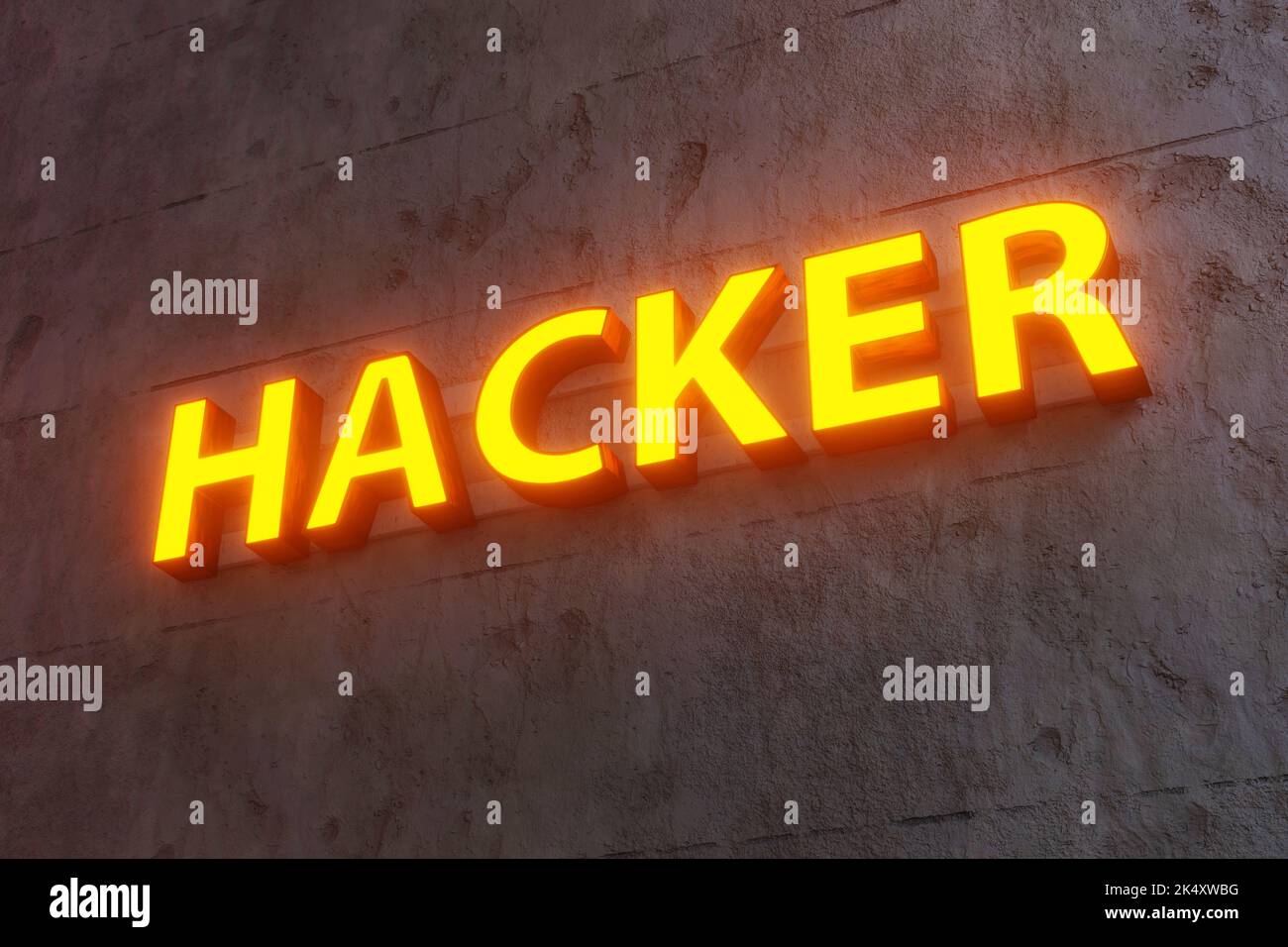 Leuchtkasten, der das Wort Hacker auf einer alten Betonputzwand zeigt. Darstellung der Internetsicherheit und der Bedrohungen durch Spyware und E-Mail-Phishing Stockfoto