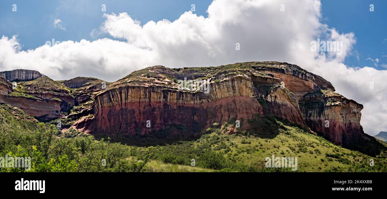 Ein Panoramablick auf Mushroom Rock, eine farbenfrohe erodierte Felsformation im Golden Gate Highlands National Park in Südafrika. Stockfoto