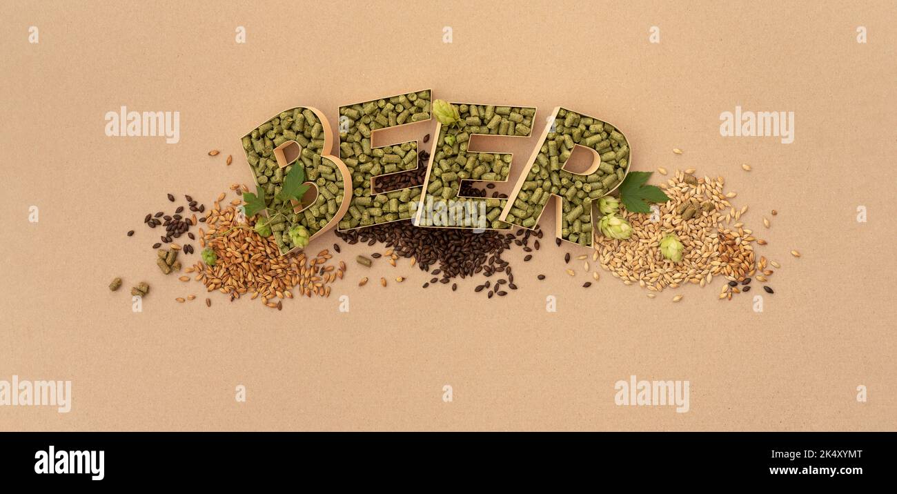 Banner mit Typografie des Wortes Bier auf dem Hintergrund von Bastelkarton Stockfoto