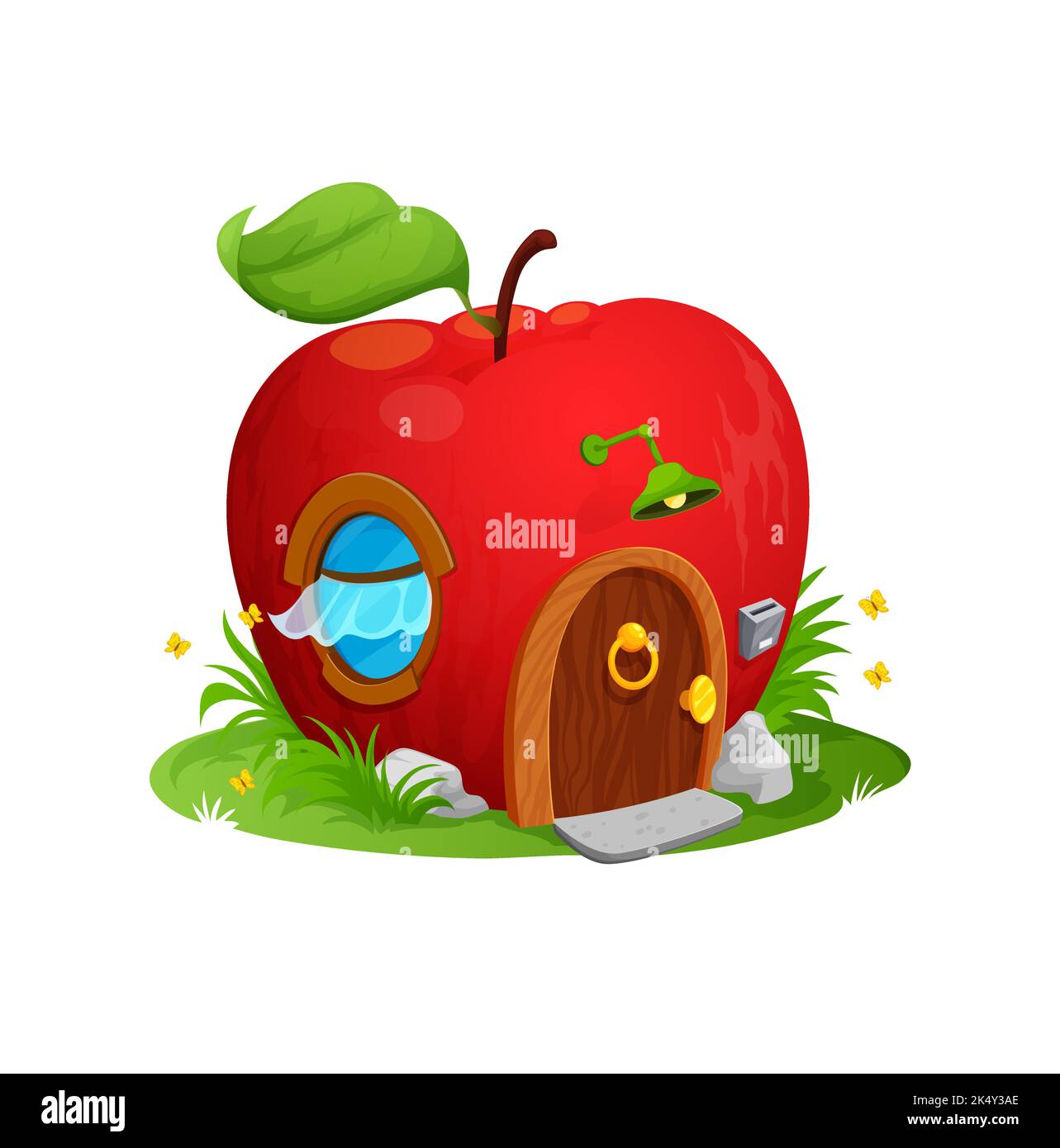 Reife rote Apfel Cartoon Haus Gebäude oder Wohnung, Märchen Elf zu Hause, isoliert Vektor. GNOME-Haus oder Elfehütte im Apfel mit Garten, Türlampe und Fenster, Kindermärchen-Fantasy-Unterschlupf Stock Vektor
