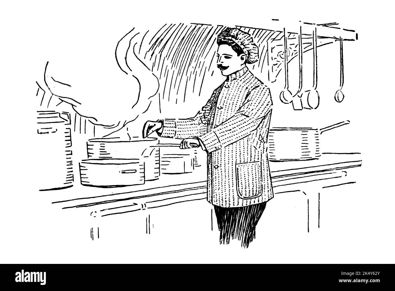 Kochen (Küchenhelfer) in der Küche mit gestreifter Jacke und Mütze - 1910s Vintage Illustration Stockfoto