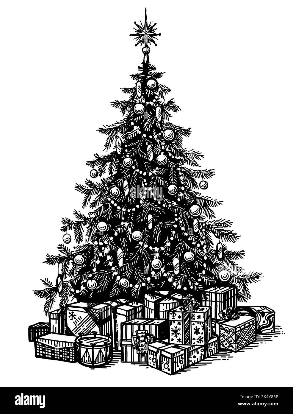 Geschmückter Weihnachtsbaum mit Stern, Geschenkschachteln, Kugeln und Girlande. Frohe Weihnachten und Neujahr Vintage Illustration Stockfoto