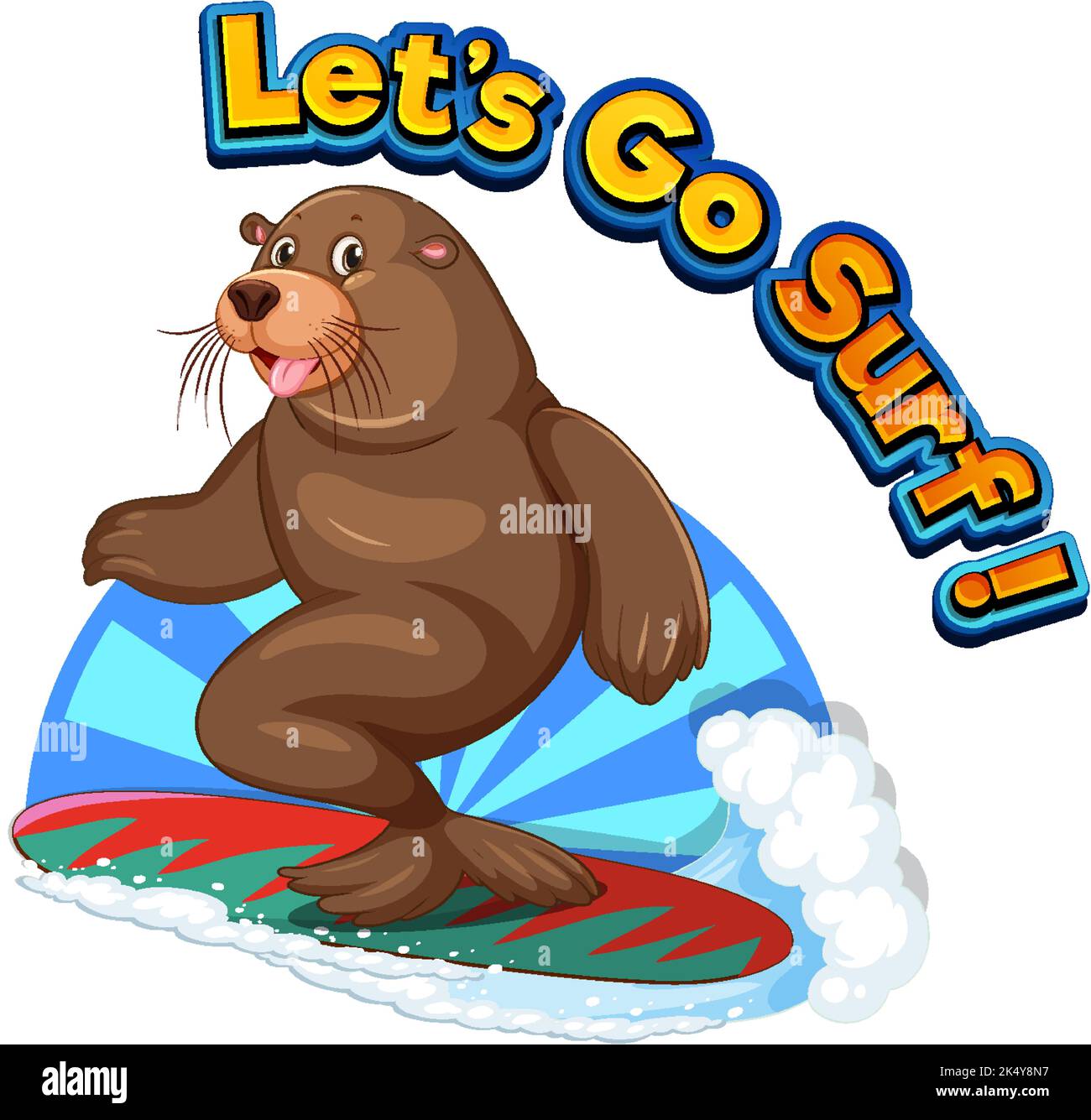 Seelöwen-Zeichentrickfigur mit Let's go Surf Wort Illustration Stock Vektor