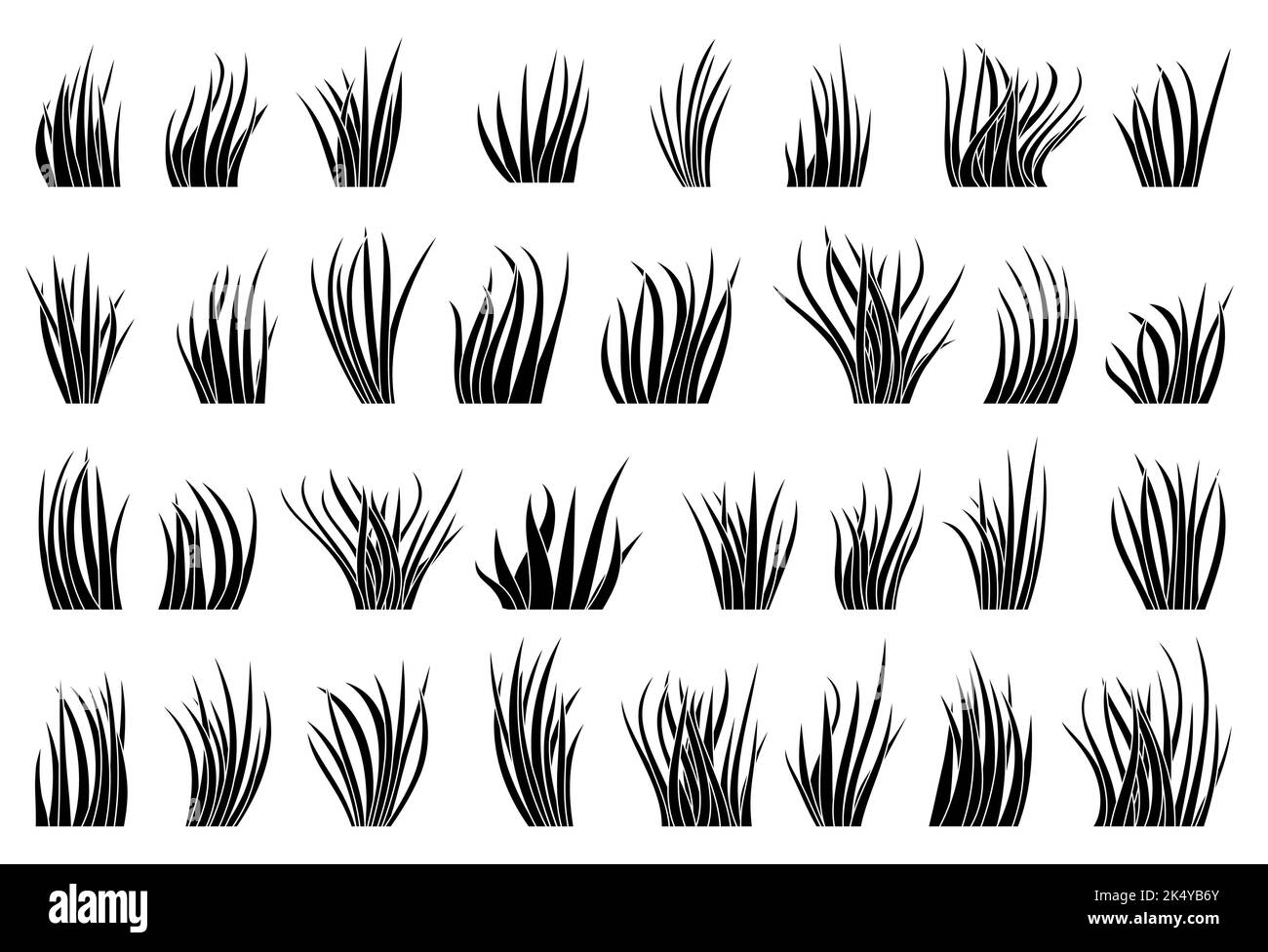 Gras natürliche organische Rasen schwarze Silhouette gesetzt. Kontur Bio Kräuterwiese. Eco Pflanze frischen Busch verschiedene Form Frühling Kräuterrasen auf weißem Hintergrund. Grün Blätter Cartoon Laub Landschaft Grenze Stock Vektor