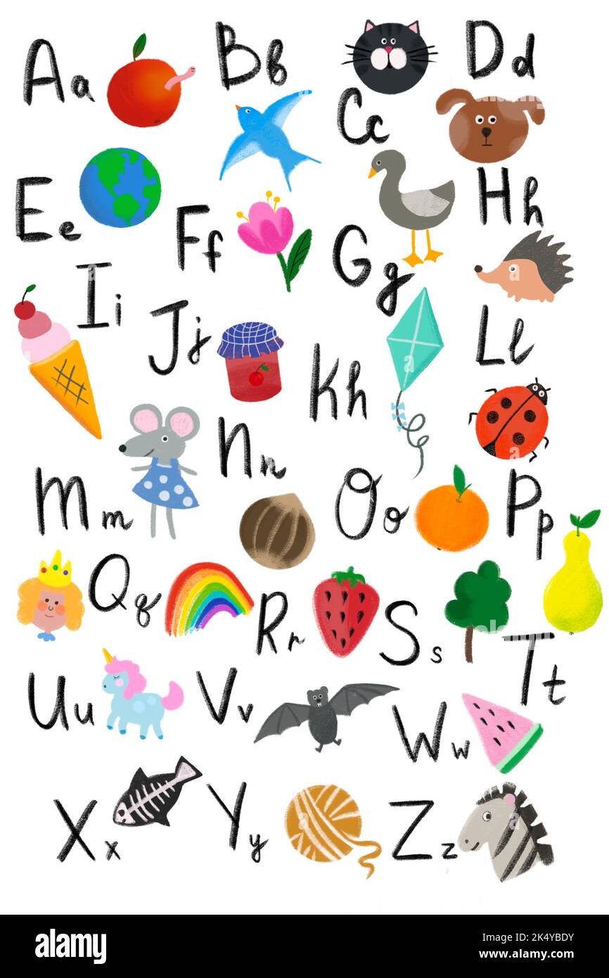 Englisches Alphabet mit niedlichen Cartoon-Tieren, Blume, Süßigkeiten, digitale Illustration-Set. Großbuchstaben für Kinder, Kinderschrift. Lesen lernen. Isoliert. Stockfoto