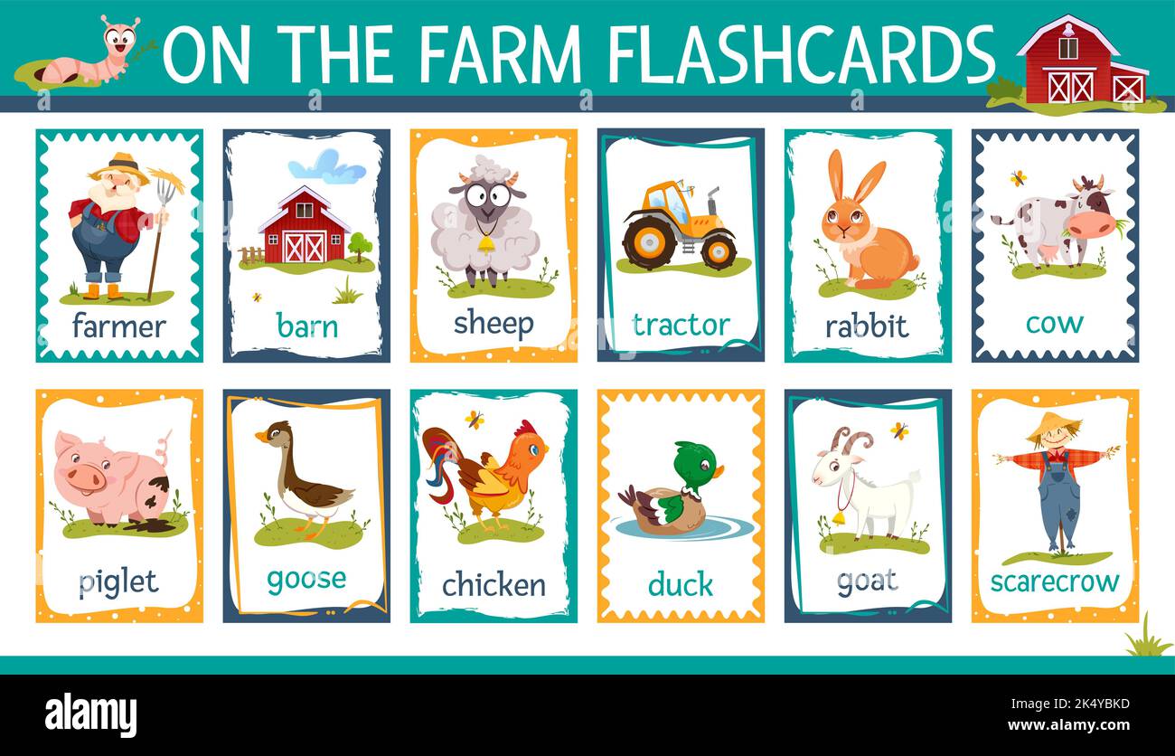 Vektor druckbare Karteikarten mit Cartoon Nutztiere gesetzt. Kindersammlung zum Englisch lernen mit Scheune, Traktor, Bauer und Vogelscheuche. Ländliche Landschaft Flash-Karten mit Ferkel, Schaf, Kaninchen Stock Vektor