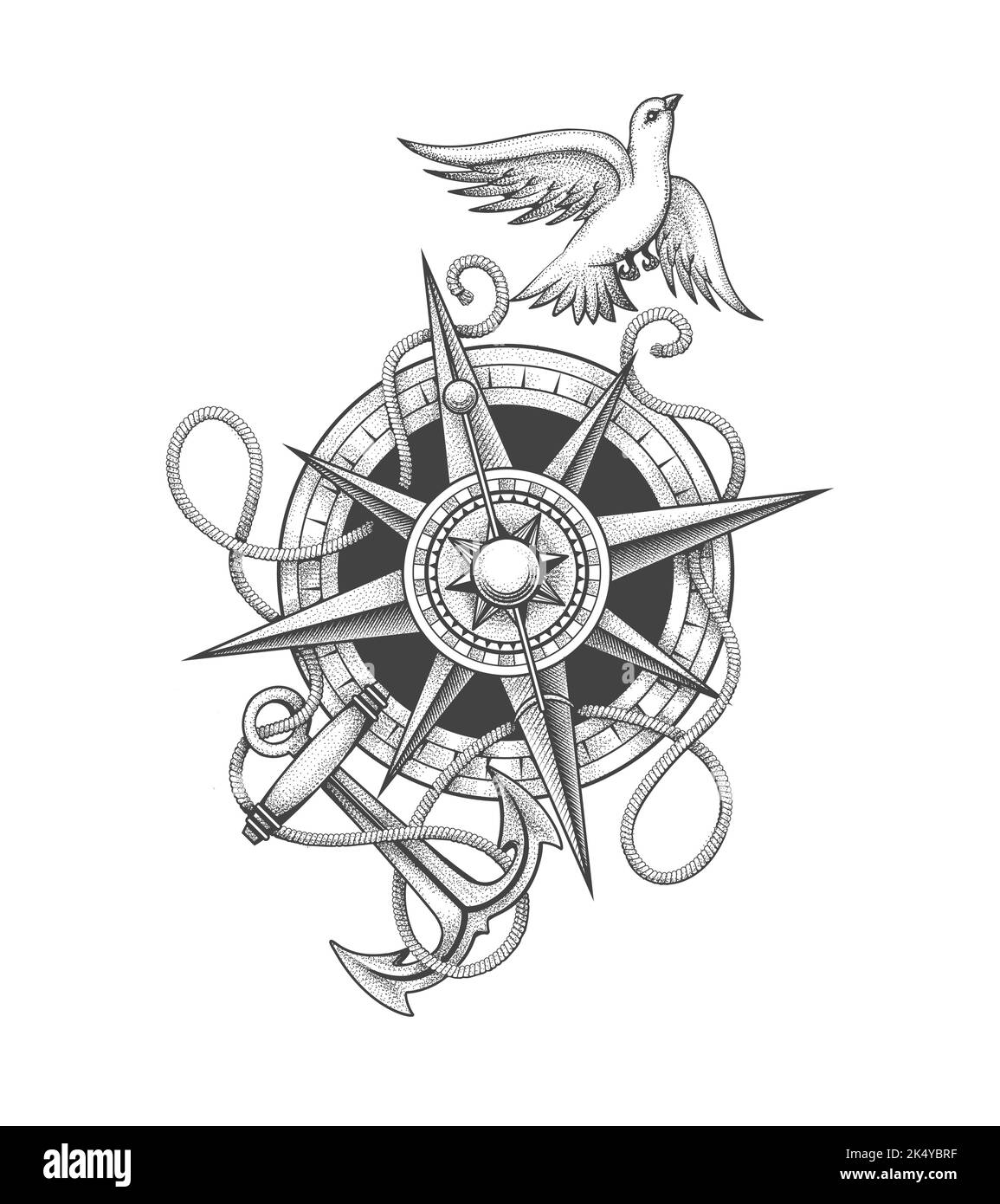 Tätowierung der Taube, die über Kompass und Anker mit Seilen fliegt. Freiheitskonzept im Gravurstil. Vektorgrafik isoliert auf Weiß. Stock Vektor