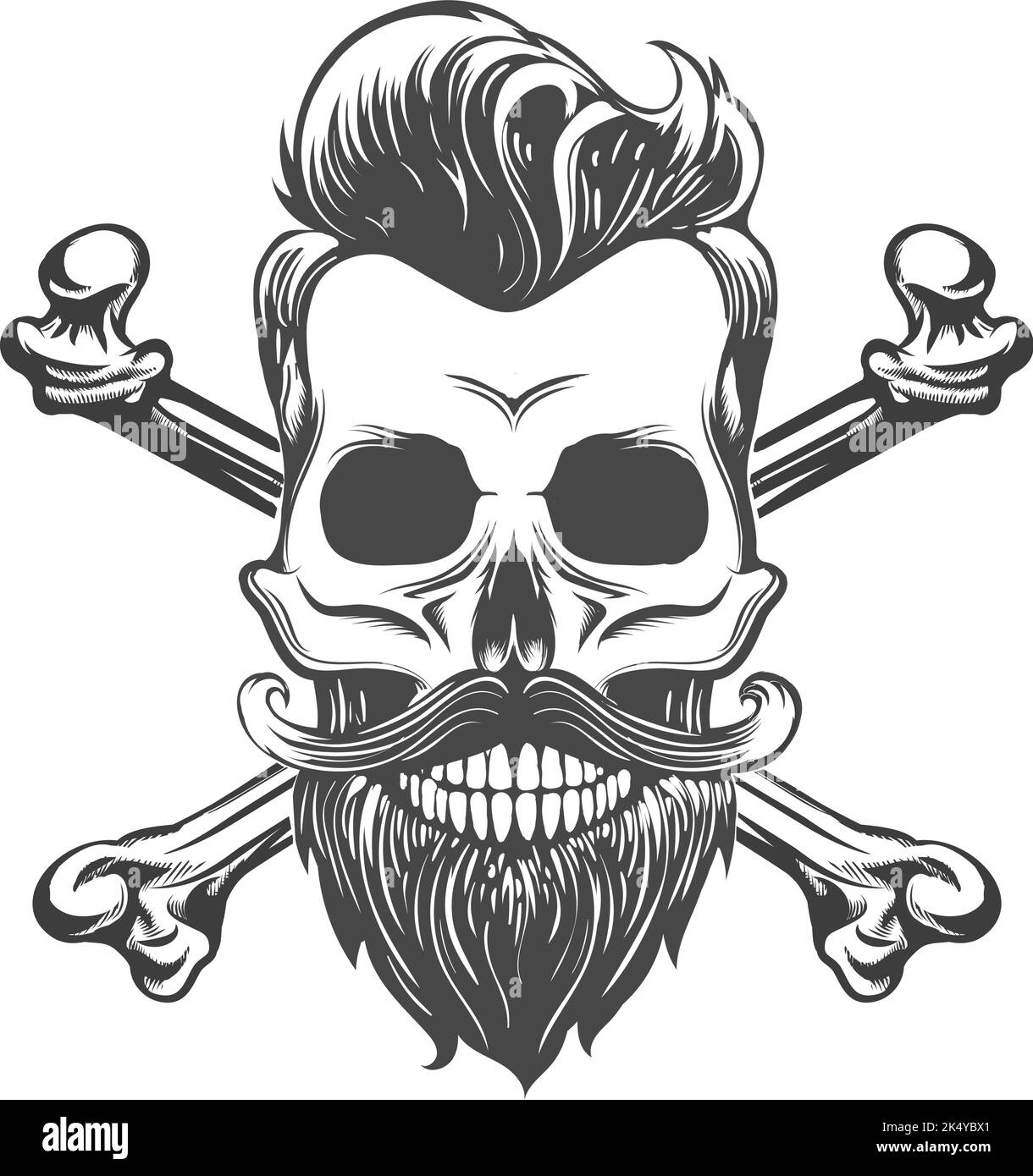 Tattoo of Skull mit Bart und gekreuzten Knochen isoliert auf weiß. Vektorgrafik. Stock Vektor