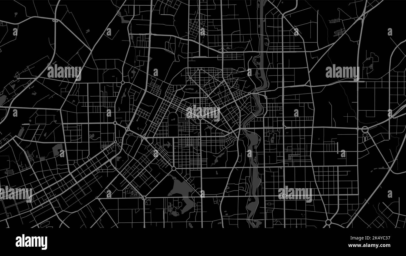 Dunkelschwarze Changchun Stadtgebiet Vektor Hintergrundkarte, Straßen und Wasser Illustration. Widescreen-Format, Roadmap für digitales flaches Design. Stock Vektor