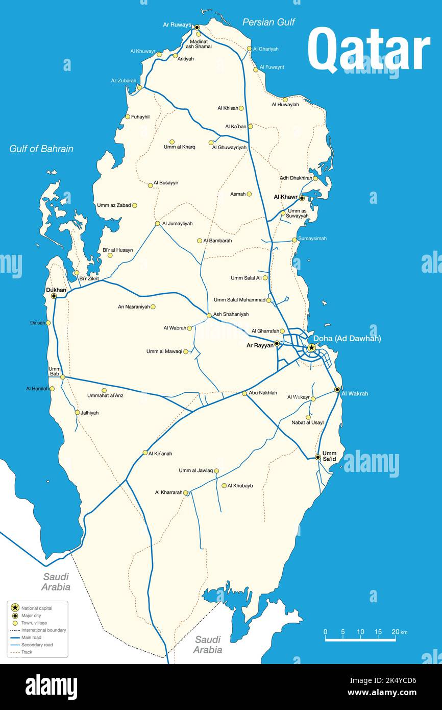 Karte von Katar mit der Lage der wichtigsten Städte und Kommunikationswege in blau und weiß. Vektorbild Stock Vektor