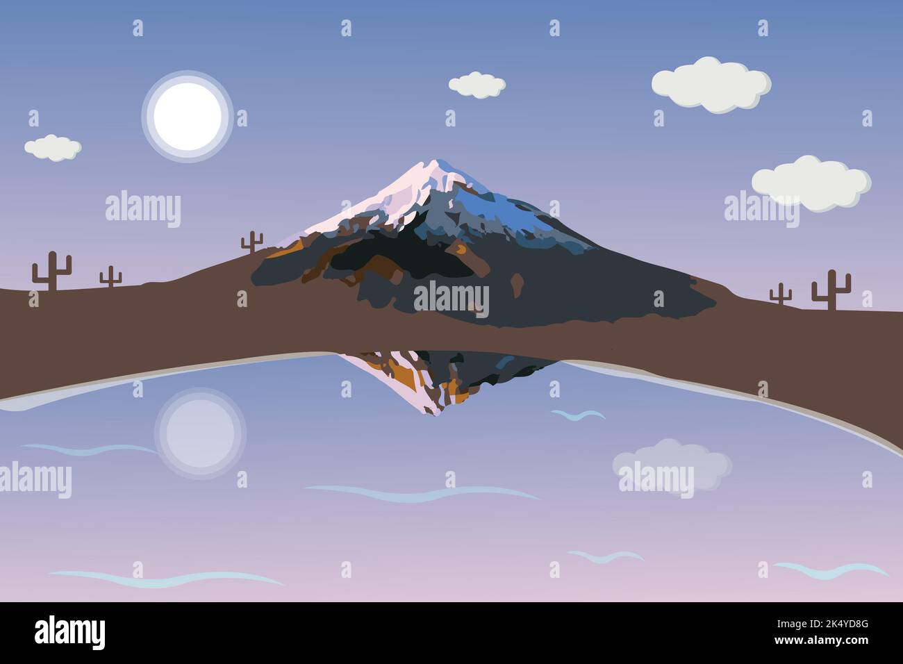Cartoon Berglandschaft mit blauem Himmel, Sonne und Wolken, grünes Feld. Berg reflektieren auf See oder Fluss 2D Cartoon Szene Vektor. Hügel sehen aus wie Pira Stock Vektor