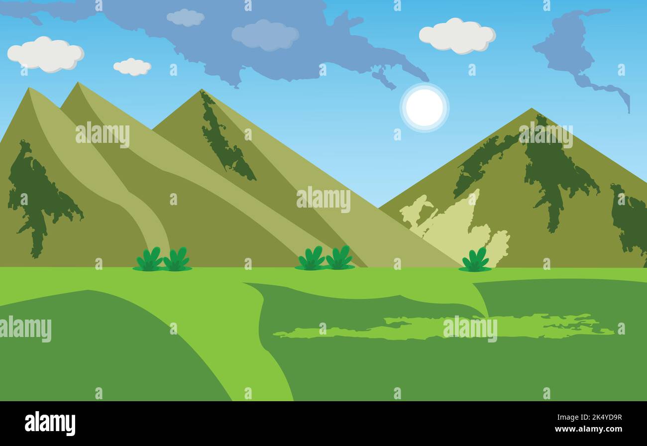 Cartoon Berglandschaft mit blauem Himmel, Sonne und Wolken, grünes Feld. Meadows Grassland 2D Cartoon Szene Vektor. Hügel sehen aus wie Piramid. Stock Vektor
