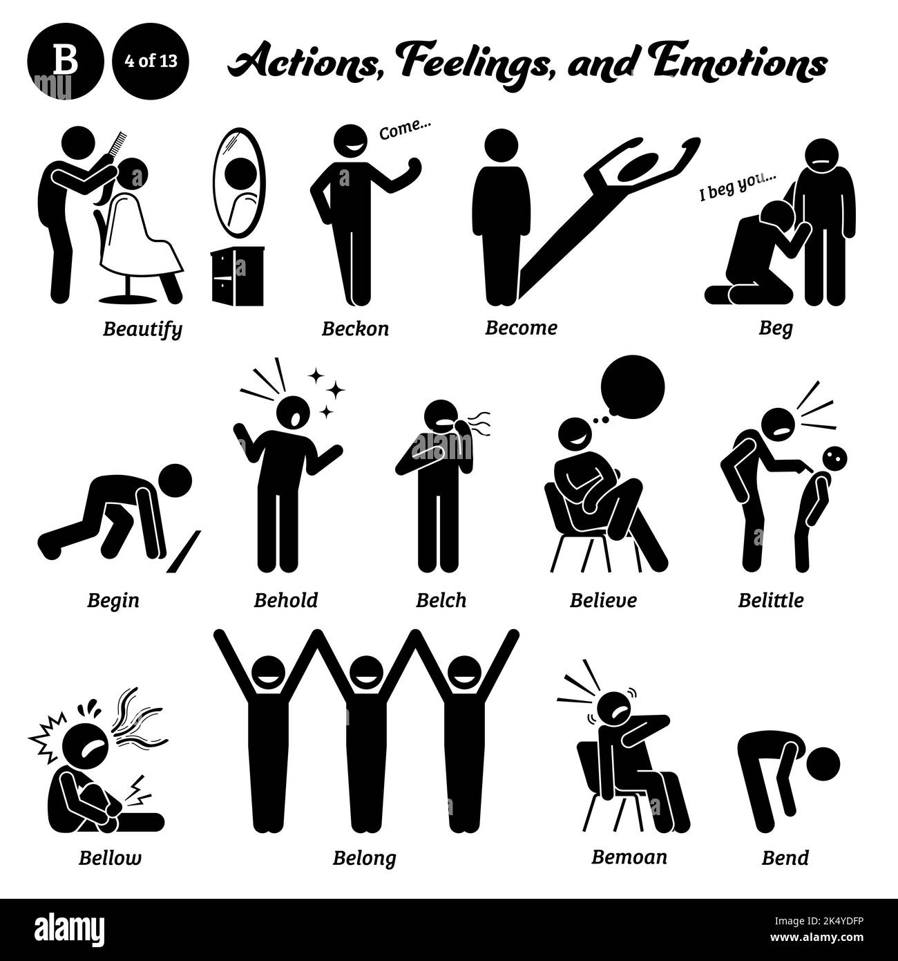 Stick Figur Menschen Mann Aktion, Gefühle und Emotionen Symbole beginnend mit Alphabet B. Verschönern, winken, werden, betteln, beginnen, Siehe, Beli, beli Stock Vektor