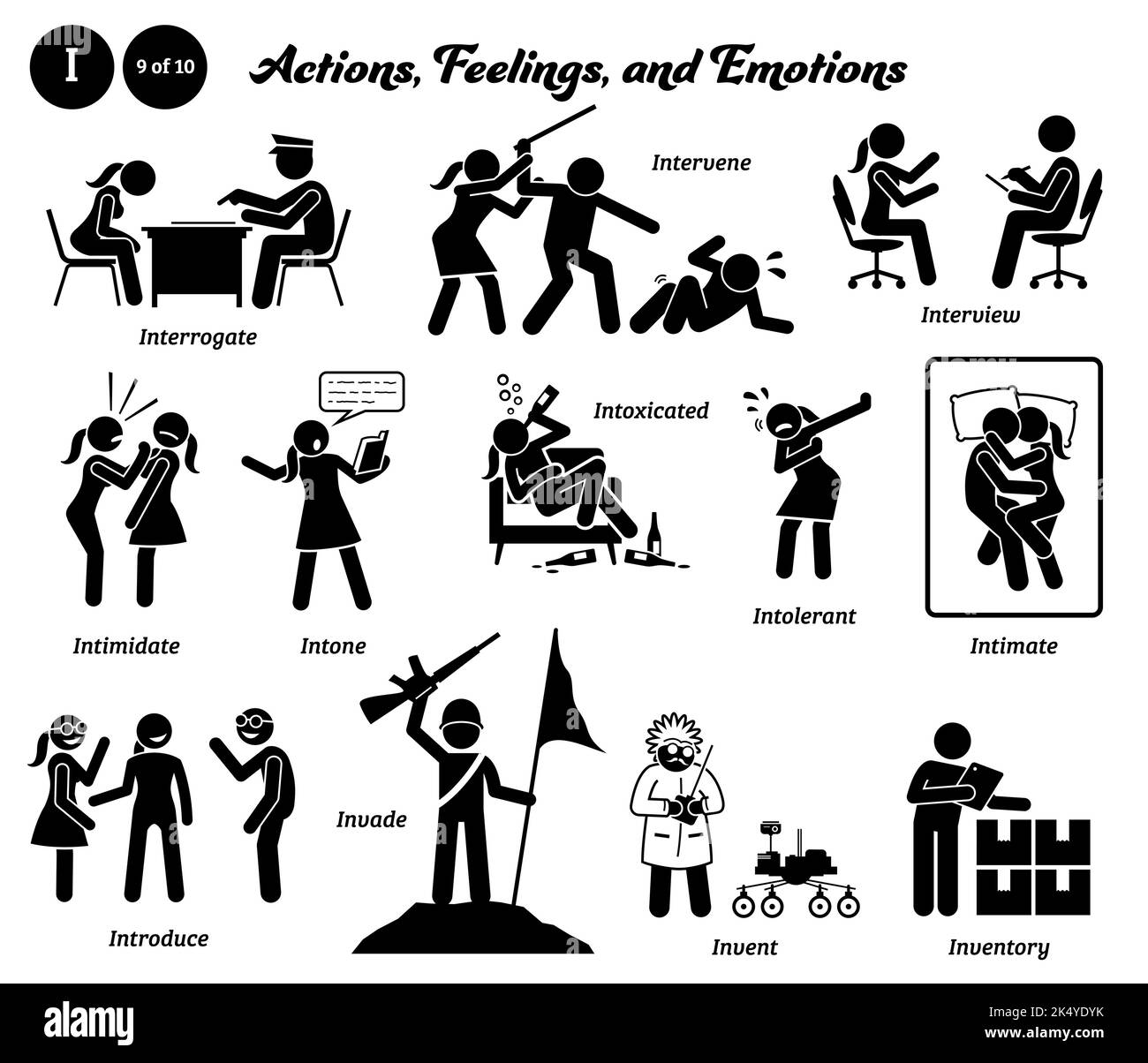 Stick Figur Menschen Mann Aktion und Gefühle Symbole Alphabet I. intervenieren, intervenieren, Interview, einschüchtern, intonieren, Berauscht, intolerant, in Stock Vektor