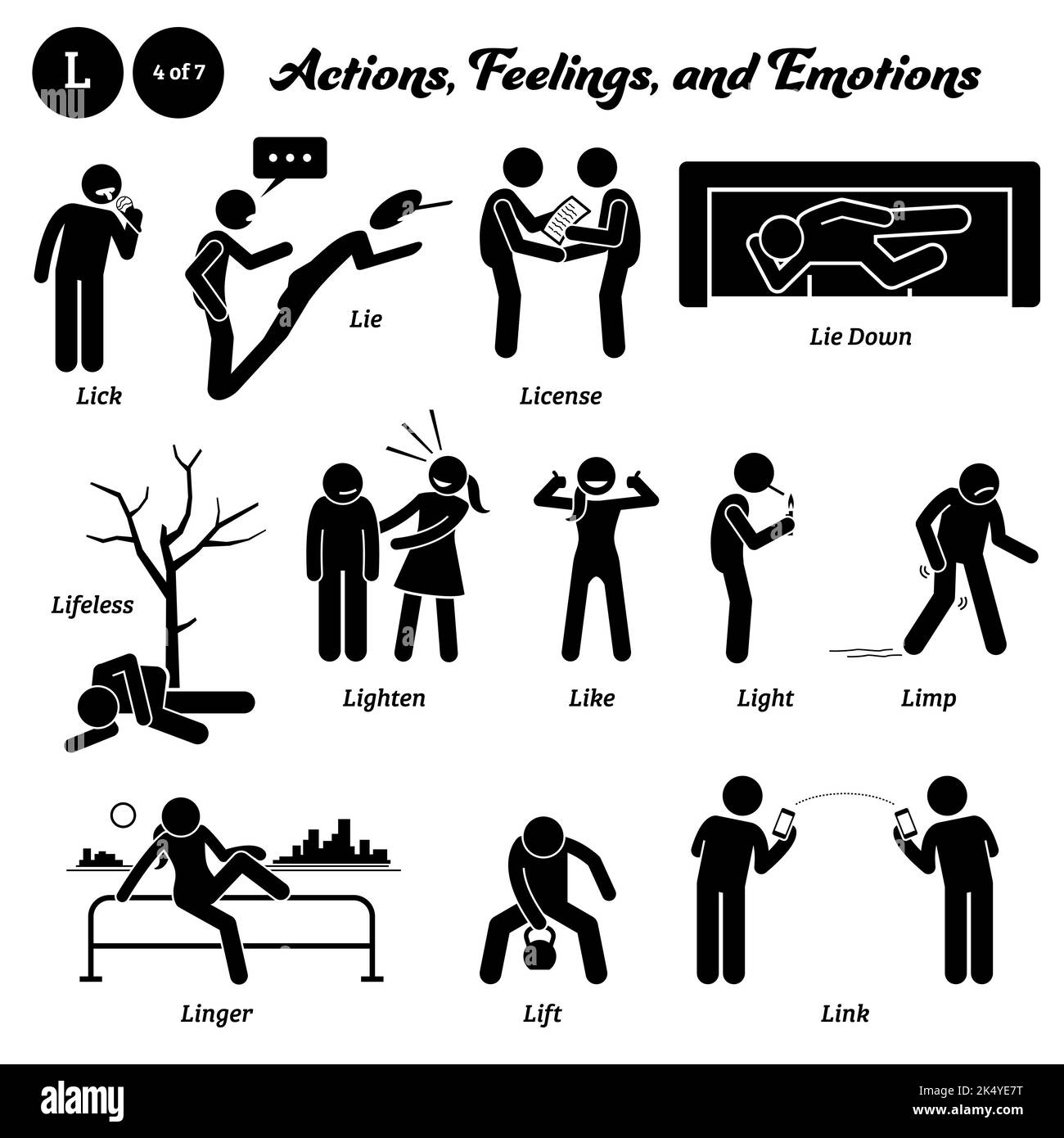 Stick Figur Menschen Mann Aktion, Gefühle und Emotionen Symbole Alphabet L. Lick, lügen, Lizenz, hinlegen, leblos, Aufhellen, wie, leicht, schlaff, lin Stock Vektor