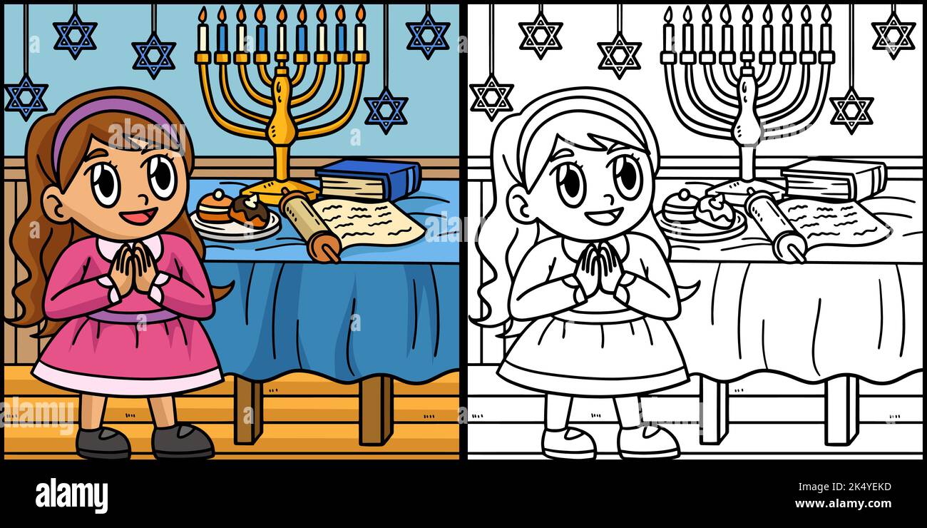 Hanukkah Girl Praying with Menorah Illustration Stock Vektor