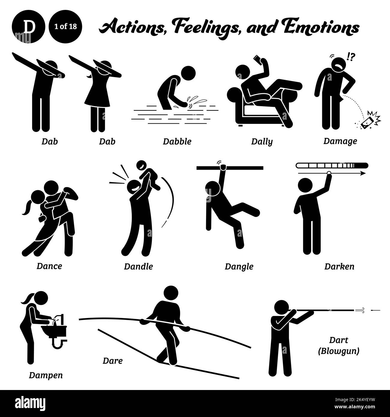 Strichmännchen Menschen Menschen Aktion, Gefühle und Emotionen Symbole Alphabet D. DAB, Dabbing, Dabble, Dilly Dally, Schaden, Tanz, Dandle, Dangle, Darke Stock Vektor