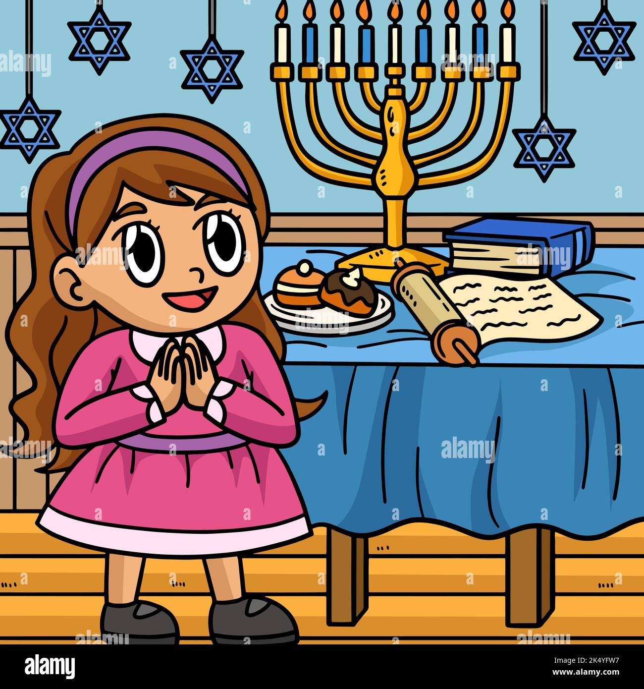 Hanukkah Mädchen beten mit Menorah farbigen Cartoon Stock Vektor