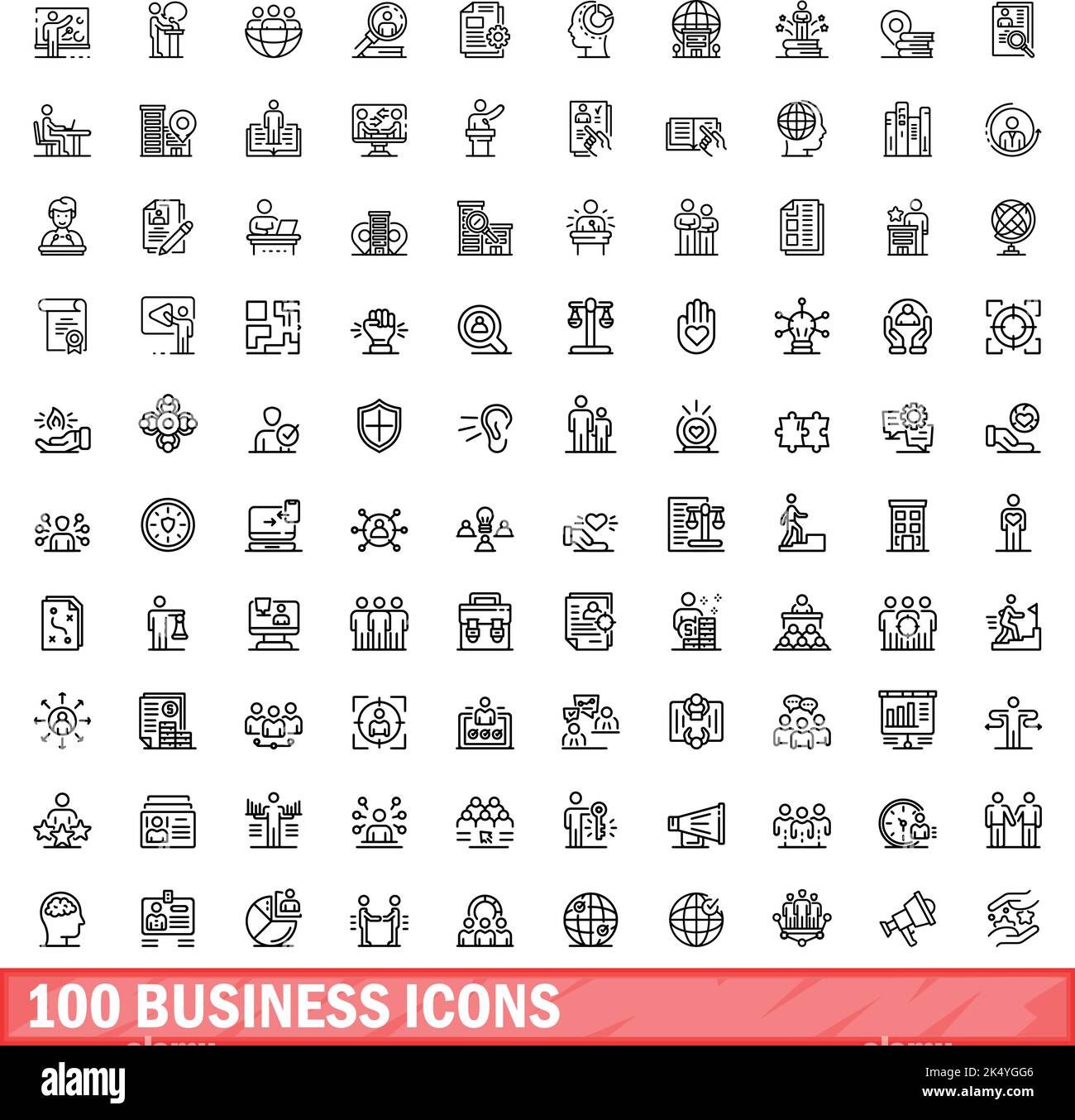 100 Business-Icons gesetzt. Skizzieren Sie die Darstellung von 100 Geschäftssymbolen, die auf weißem Hintergrund isoliert sind Stock Vektor