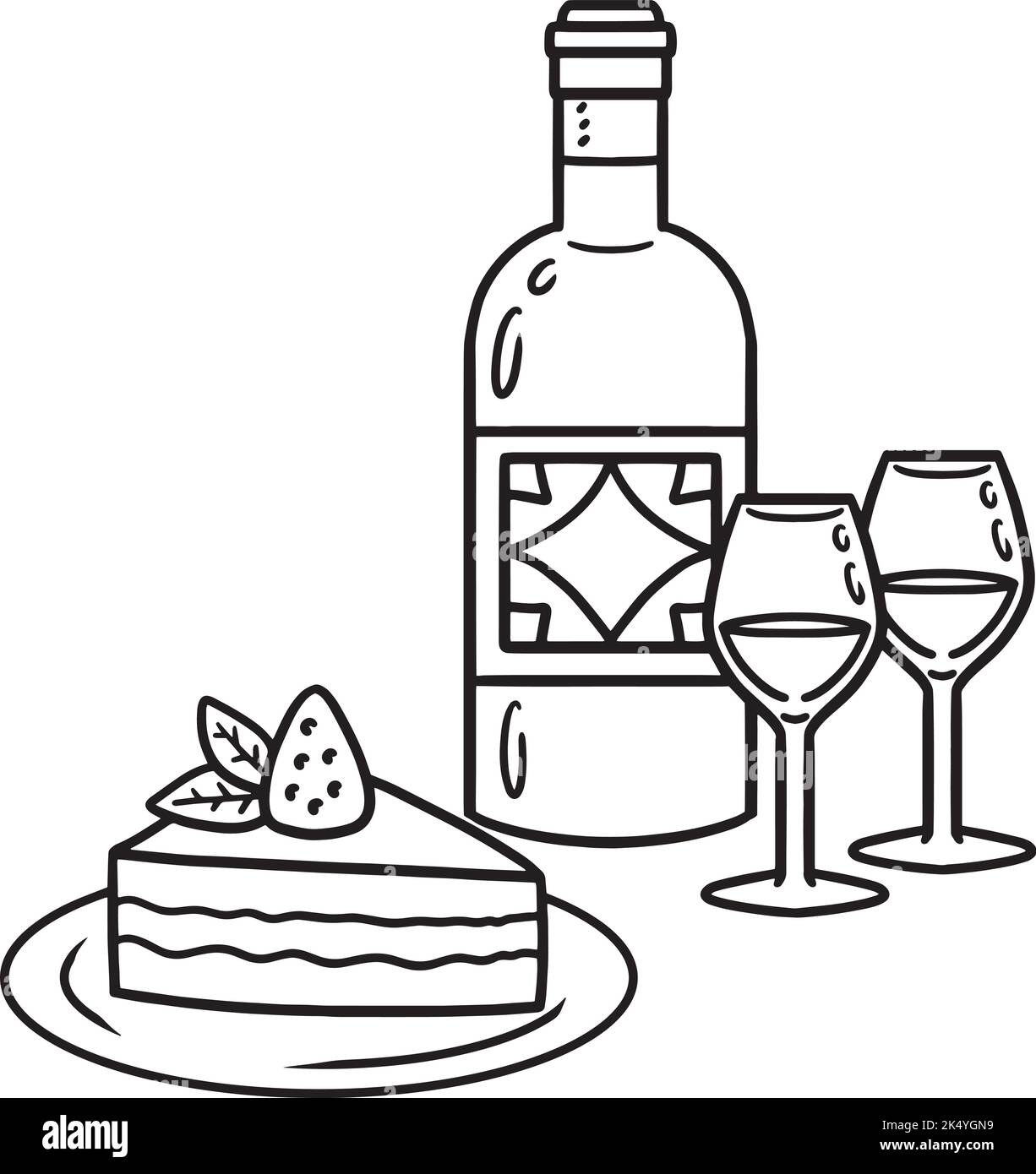 Cake and Wine Isolated Coloring Page für Kinder Stock Vektor