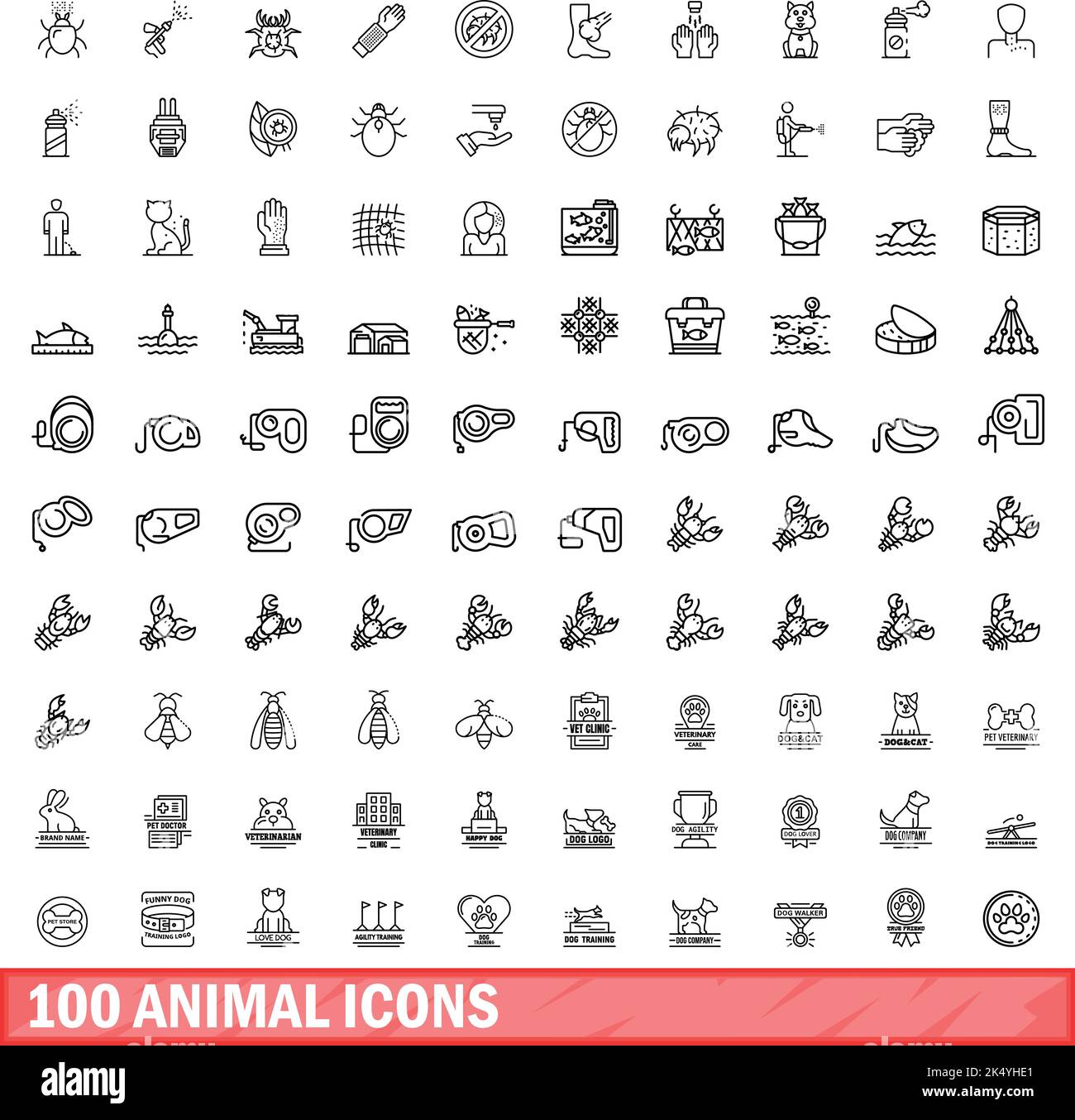 100 Tier-Icons gesetzt. Umreißen Abbildung von 100 Tier-Symbole Vektor ...