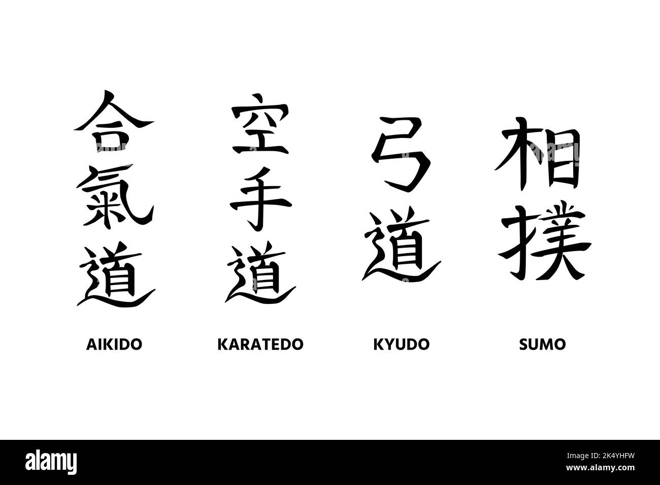 Aikido, Karate-Do, Kyudo, Sumo. Sammlung editierbarer kalligraphischer Hieroglyphen, Kanji-Logos, Namen japanischer Kampfkünste Stock Vektor
