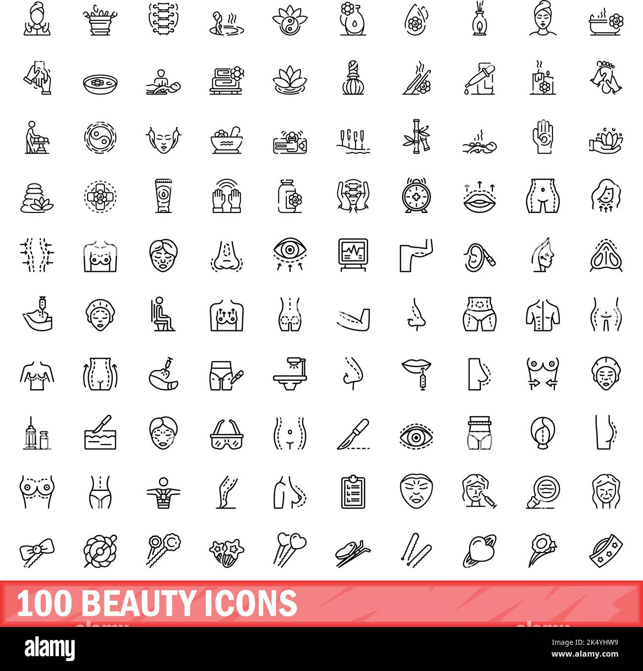 100 Beauty-Ikonen-Set. Skizzieren Sie die Darstellung von 100 Vektorbildern für Schönheit, die isoliert auf weißem Hintergrund gesetzt wurden Stock Vektor