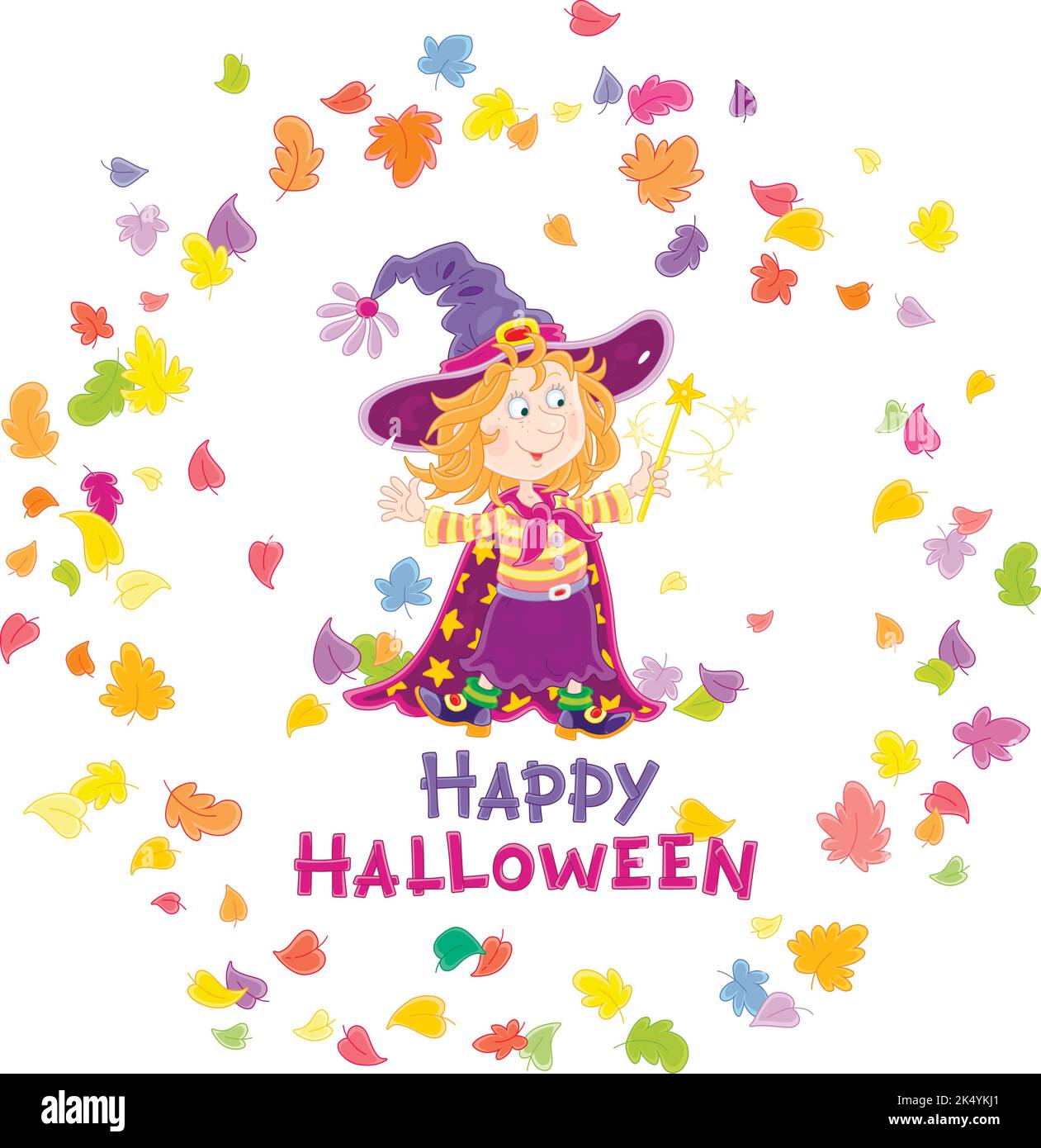 Happy Little Halloween Hexe zeigt Tricks mit ihrem Zauberstab und wirbelnde bunte Blätter, Vektor Cartoon Grußkarte Stock Vektor