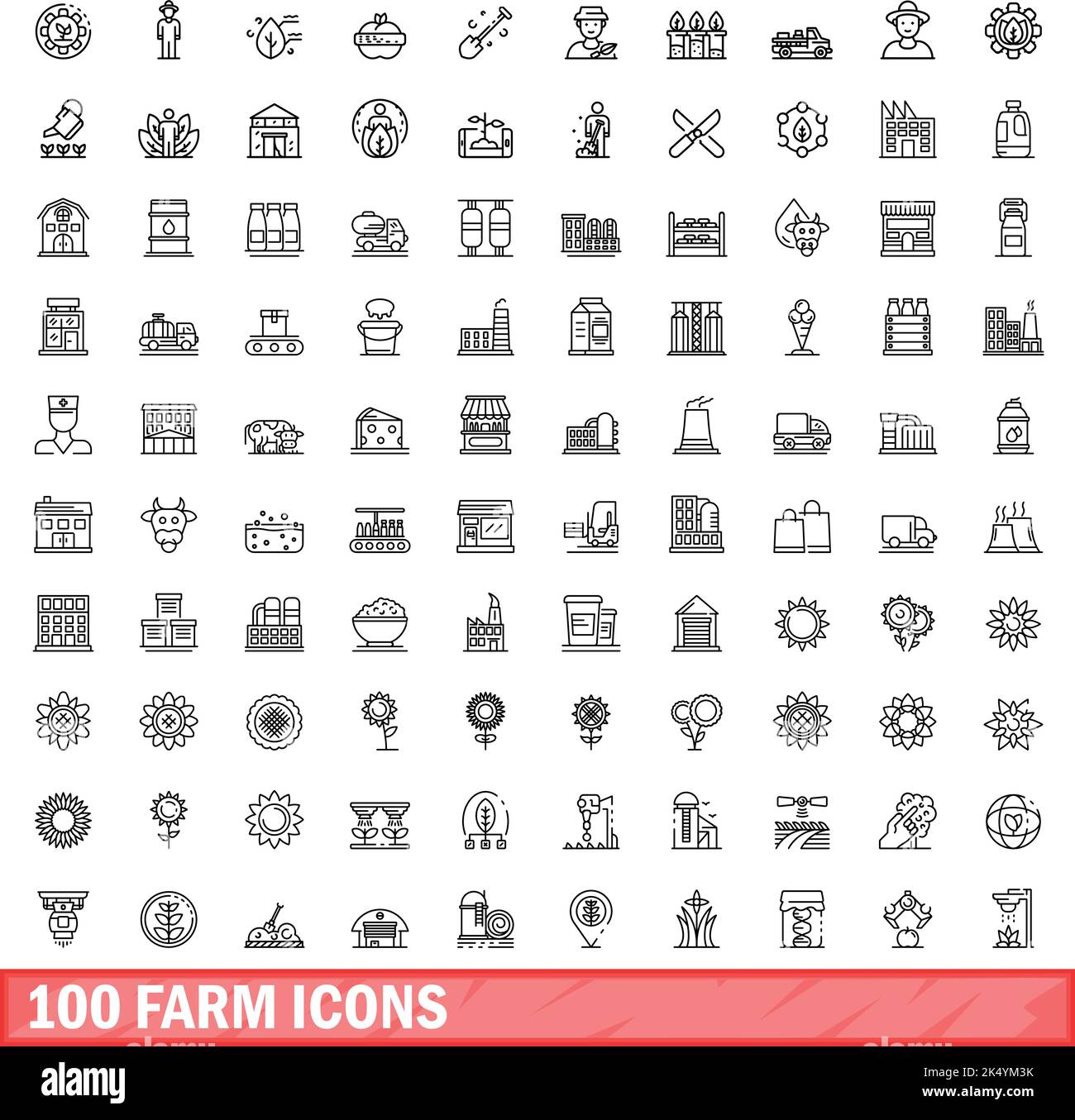 100 Farmsymbole eingestellt. Skizzieren Sie die Darstellung von 100 Farmsymbolen, die auf weißem Hintergrund isoliert sind Stock Vektor