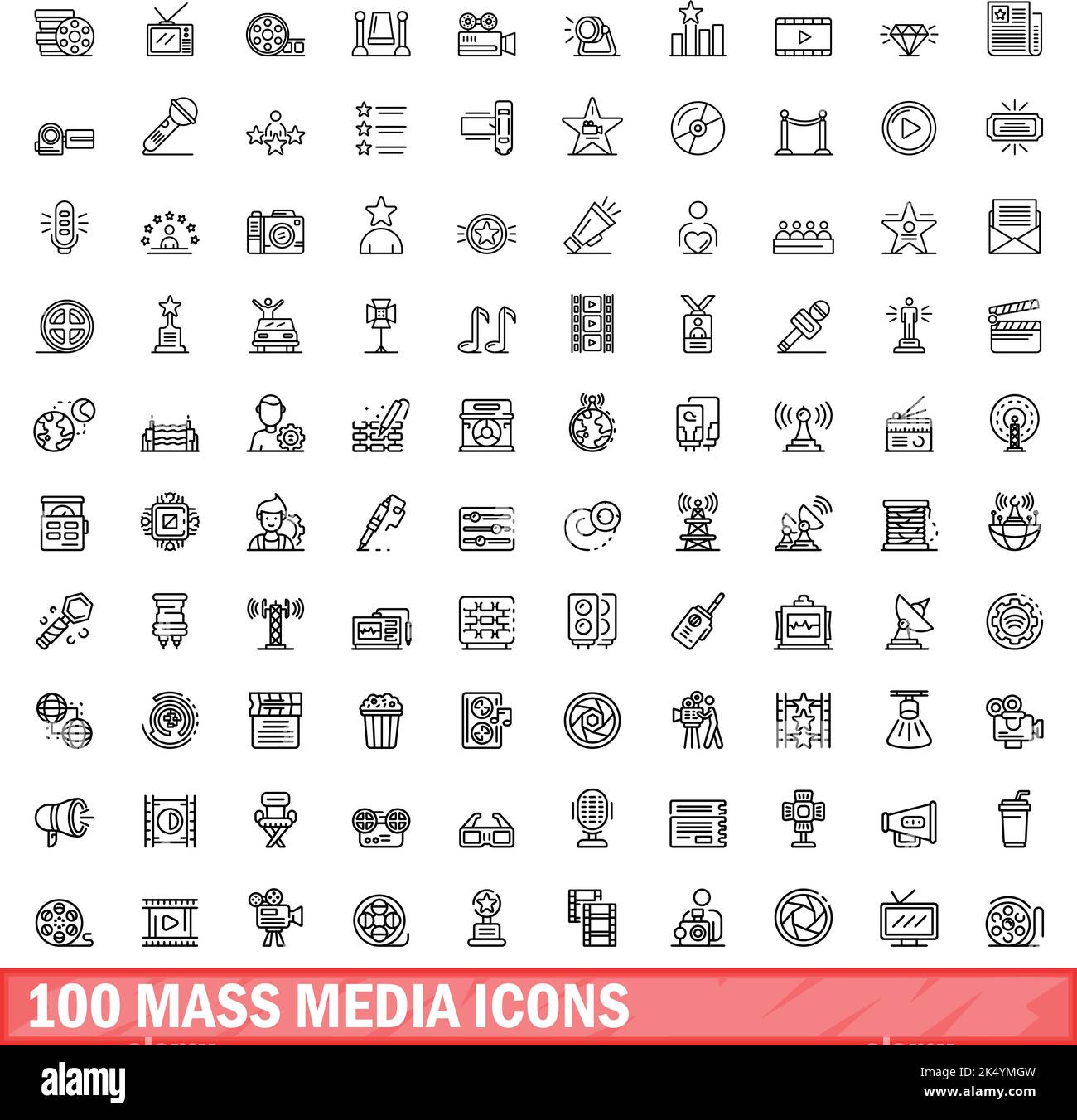 100 Symbole für Massenmedien eingestellt. Skizzieren Sie die Darstellung von 100 Symbolen für Massenmedien, die auf weißem Hintergrund isoliert sind Stock Vektor