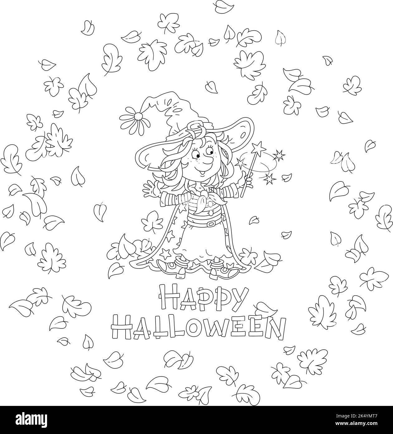 Happy Little Halloween Hexe zeigt Tricks mit ihrem Zauberstab und wirbelnde Herbstblätter, schwarz-weiß Vektor Cartoon Grußkarte Stock Vektor