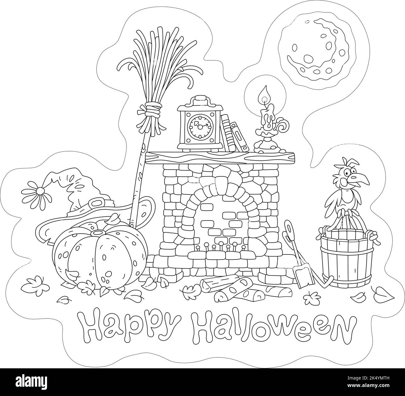 Kamin mit einer alten Uhr und einer brennenden Kerze auf einem Kaminsims, einem großen Kürbis, einem Hut, einem fliegenden Besen und anderen magischen Dingen einer Halloween Hexe Stock Vektor