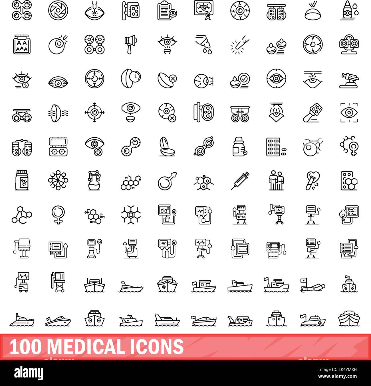 100 medizinische Symbole eingestellt. Skizzieren Sie die Darstellung von 100 medizinischen Symbolen, Vektorset isoliert auf weißem Hintergrund Stock Vektor